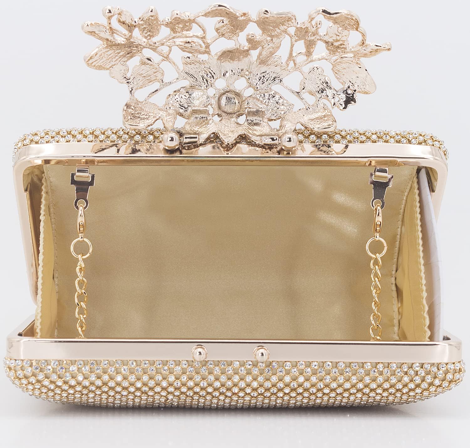 Womens Evening Bag with Flower Closure Rhinestone Crystal Clutch Purse for Wedding Party Gold - Image 7