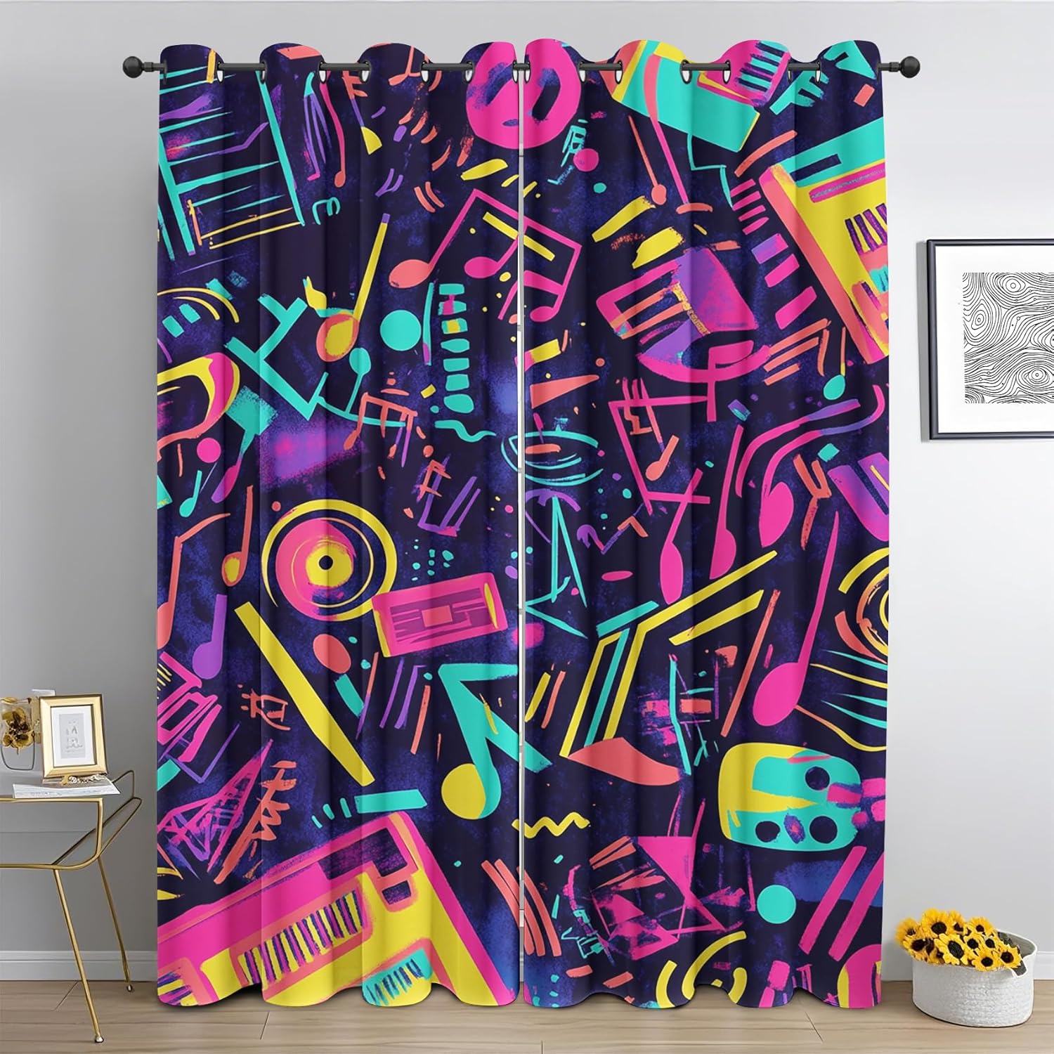 Musical Instruments Curtains 63 Inches Long, Retro Party Blackout Curtains, 80s Neon Drapes for Living Room Bedroom Window Curtain 2 Panels Set Grommet Curtains