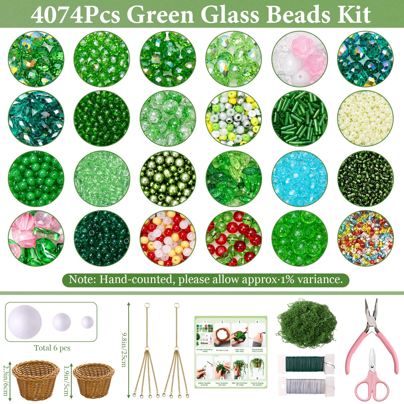 DEMIUKO Kit di perline di vetro verde per realizzare cesti pensili con