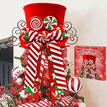 Christmas Candy Canes Tree Topper Red Hat with Bows Ornament | Winter Lollipop Holiday Home Decoration Xmas Festive Gift Ideas Supplies