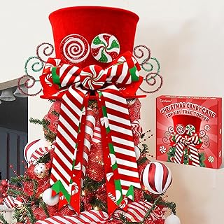 Christmas Candy Canes Tree Topper Red Hat with Peppermint Bows Ornament ...
