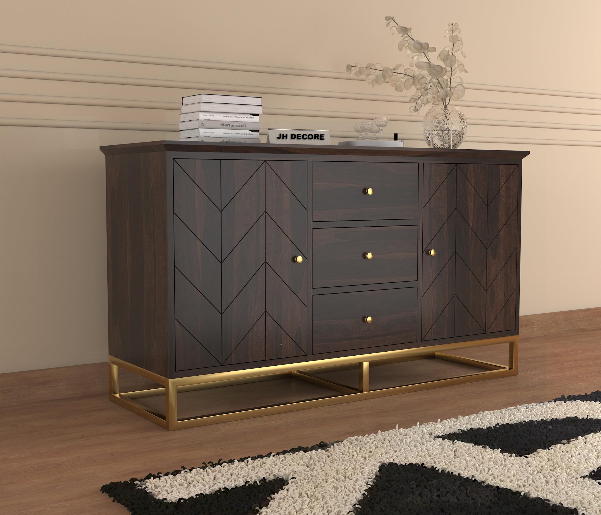 Preston Solid Sheesham Wood Sideboard Cabinet with 3 Drawers and 2 Doors Storage, Wooden Cabinet with Metal Stand for Living Room, Home & Office (Walnut Finish)-image-46
