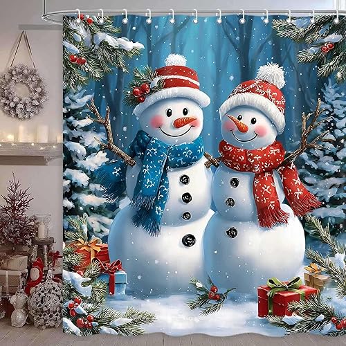 Miniatura 2 de Cortina de ducha de muñeco de nieve de Navidad, árbol de Navidad, bosque de invierno, rústico, casa de campo, juego de cortinas de baño de tela