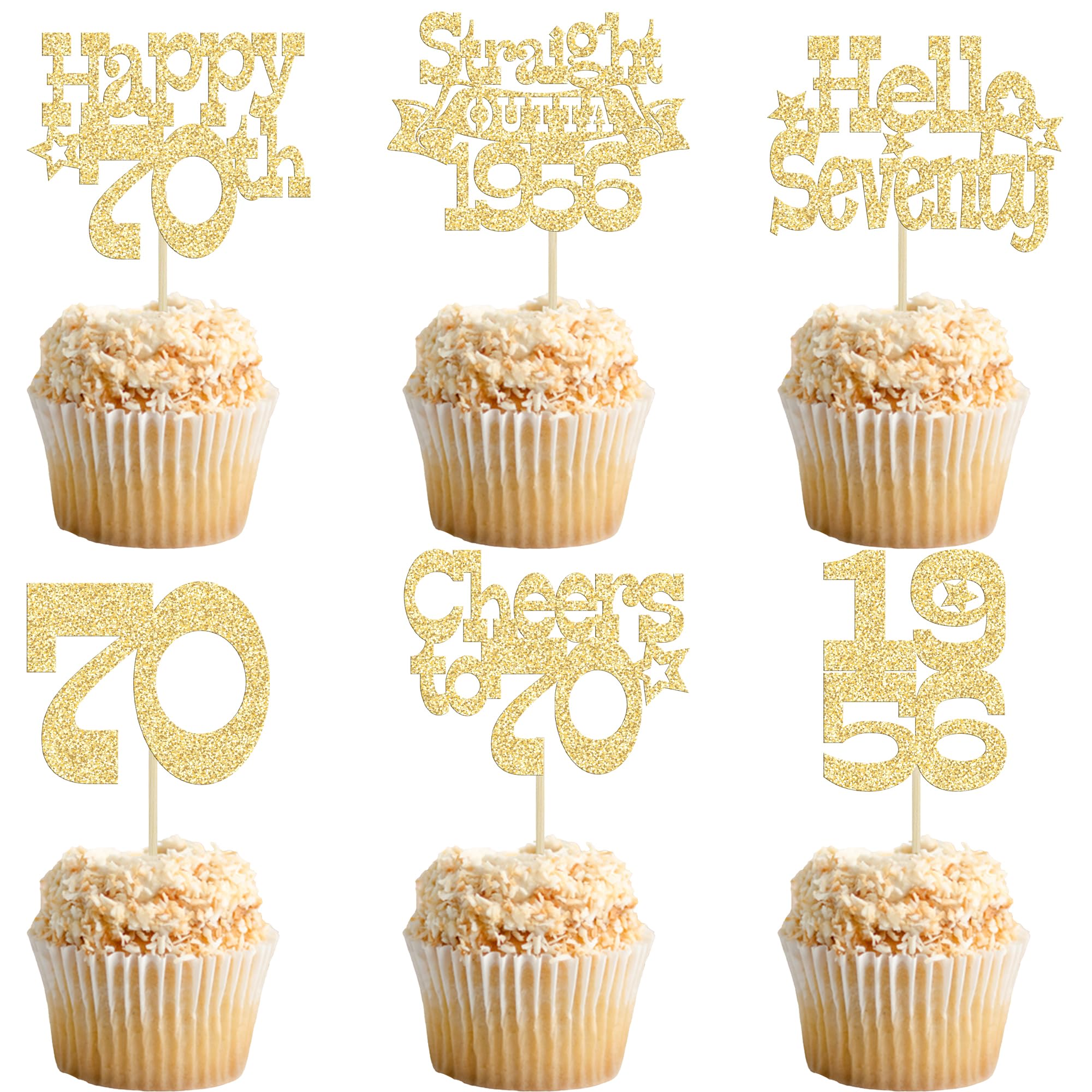 Ephlyn 30Pcs Happy 70th Birthday Cupcake Toppers Glitter Seventy Straight Outta 1956 Cupcake Picks Cheers to 70 Years Cake Decorations for Happy 70th Birthday Anniversary Party Supplies Gold