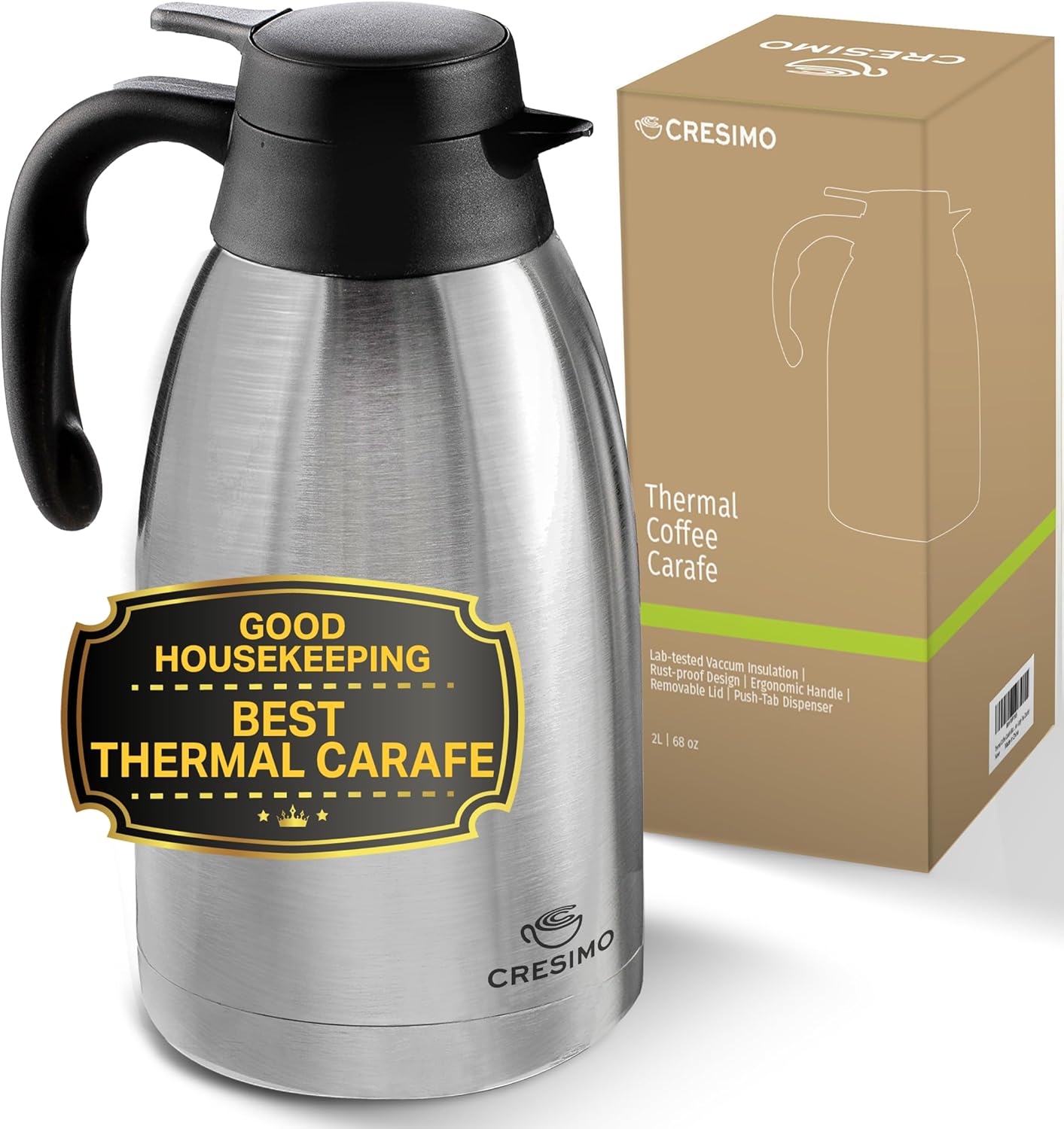 Cresimo Thermal Coffee Carafe 68oz / 2L - 12 Hours Hot Beverage Dispenser, Insulated Stainless Steel Carafe for Liquids, Coffee Carafes For Keeping Hot Water Dispenser for Parties - Large Tea Flask Silver 67.6 Ounces