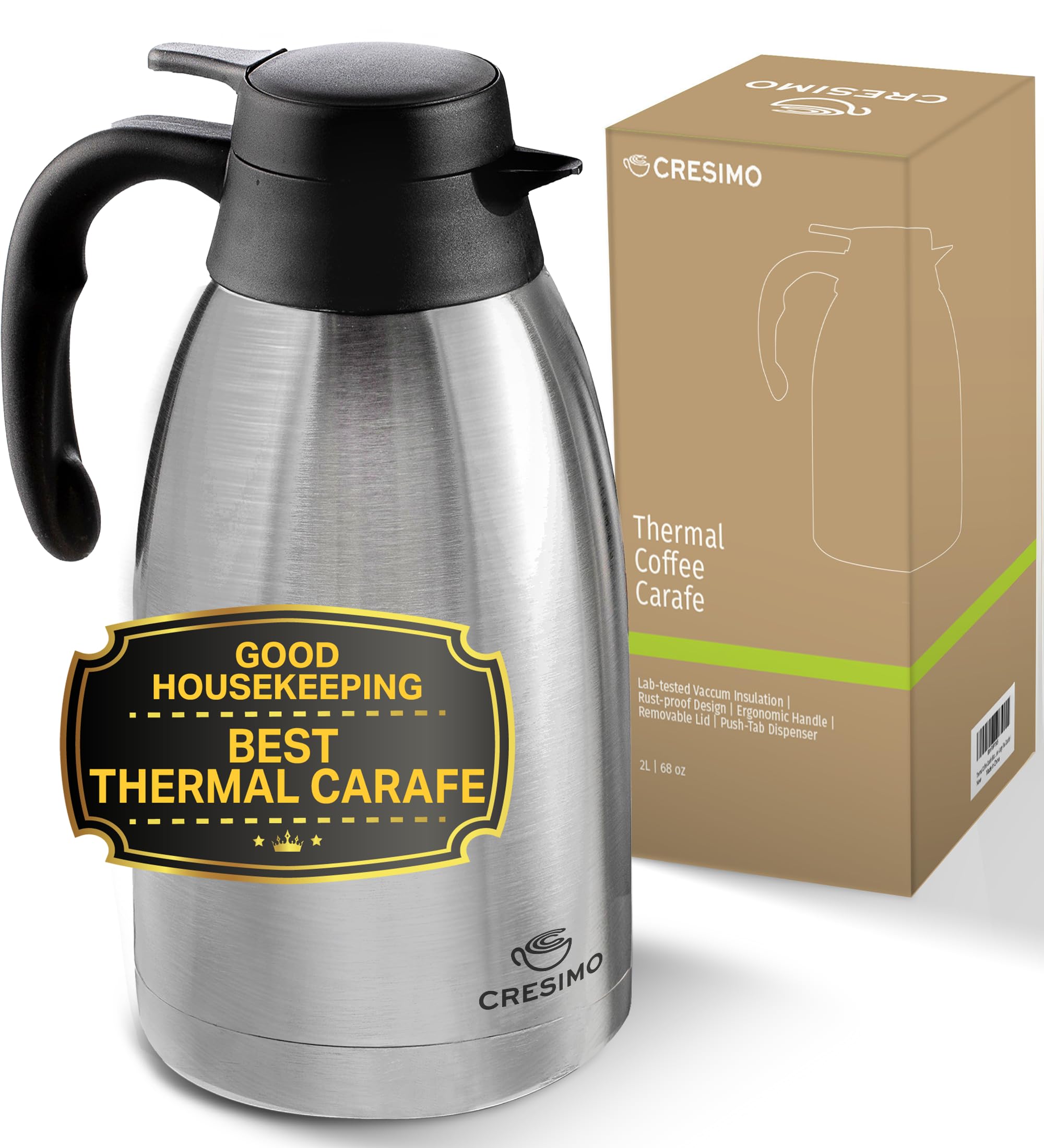 CRESIMO 68 Oz Stainless Steel Thermal Coffee Carafe/Double Walled Vacuum Thermos / 12 Hour Heat Retention / 2 Litre