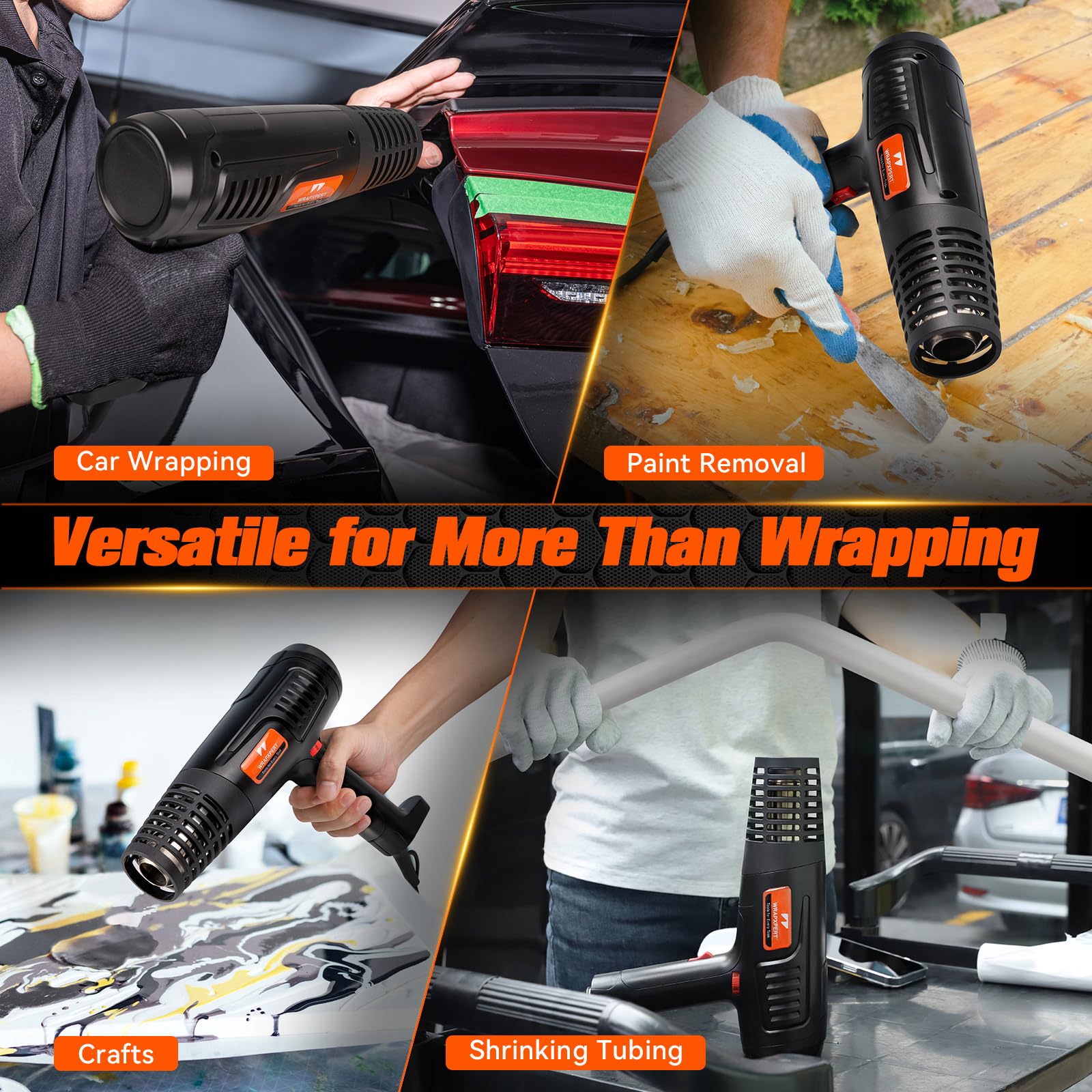 WRAPXPERT Pistola de calor para envoltura de vinilo de 1600 W, 50.0 °C a 650.0 °C con 2 velocidades de aire de temperatura variable, calentamiento rápido, pistola de aire caliente resistente para