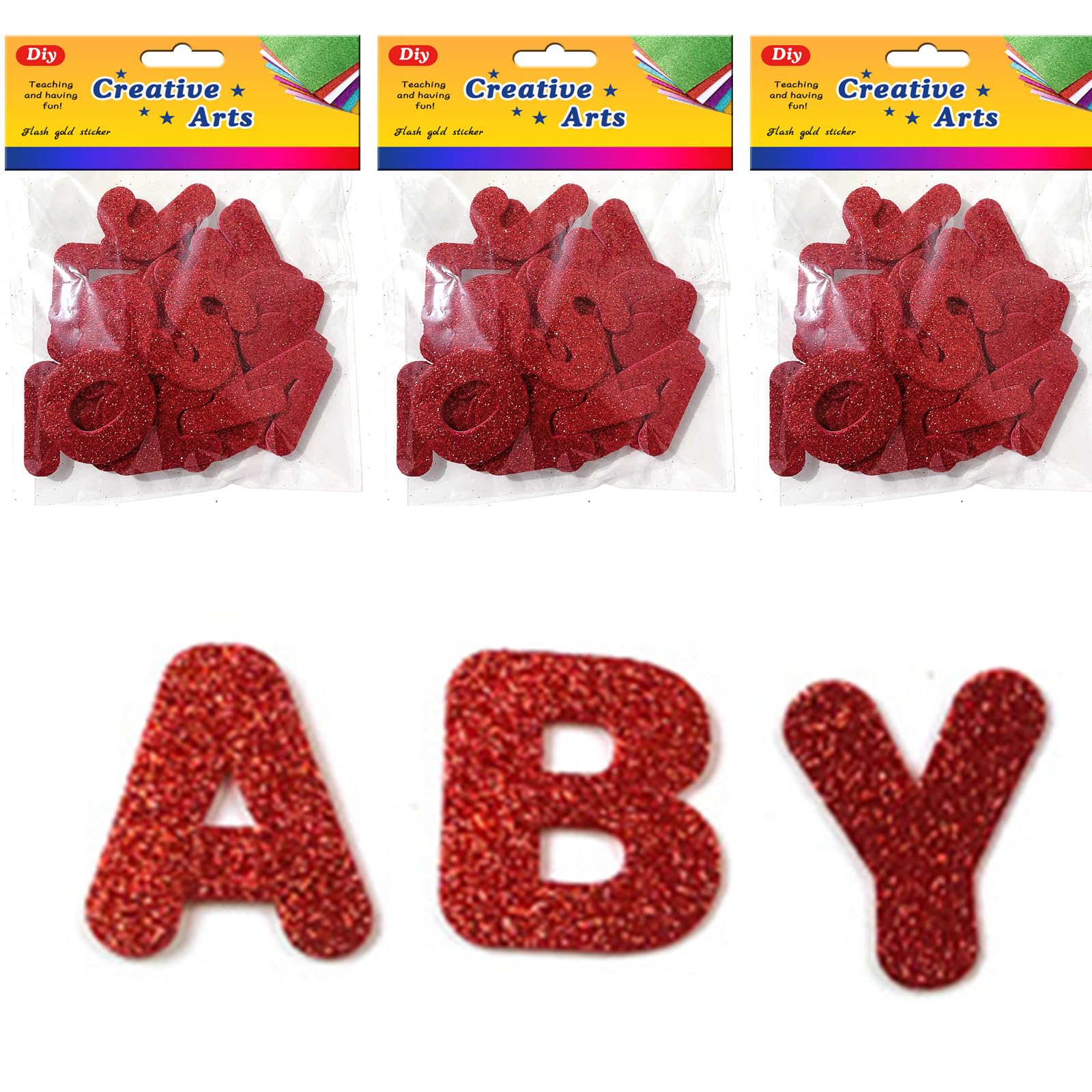 3 Sets Red Glitter Foam Letter Stickers, Sparkly Alphabet Stickers A-Z, Self Adhesive EVA Foam Letter Labels, 4 x3.5cm