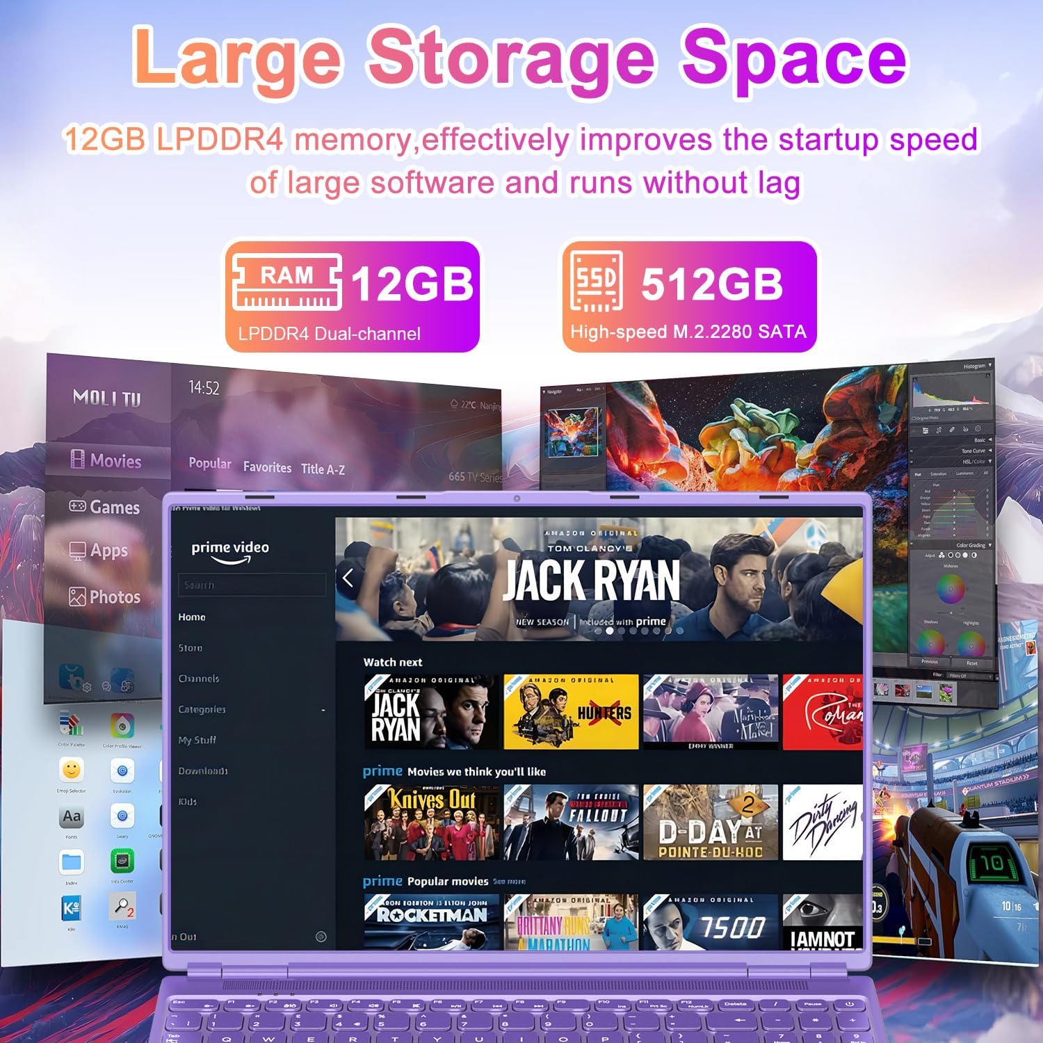 Laptop 16" 12GB LPDDR4 512GB SSD Celeron N5095 Up to 2.9Ghz Quad-Core Win 11 PC 1920*1200 2K Screen Dual WIFI Support 2.5" HDD 1TB SSD Expand with Cooling Fan Numeric Keypad for Business-Purple - Image 2