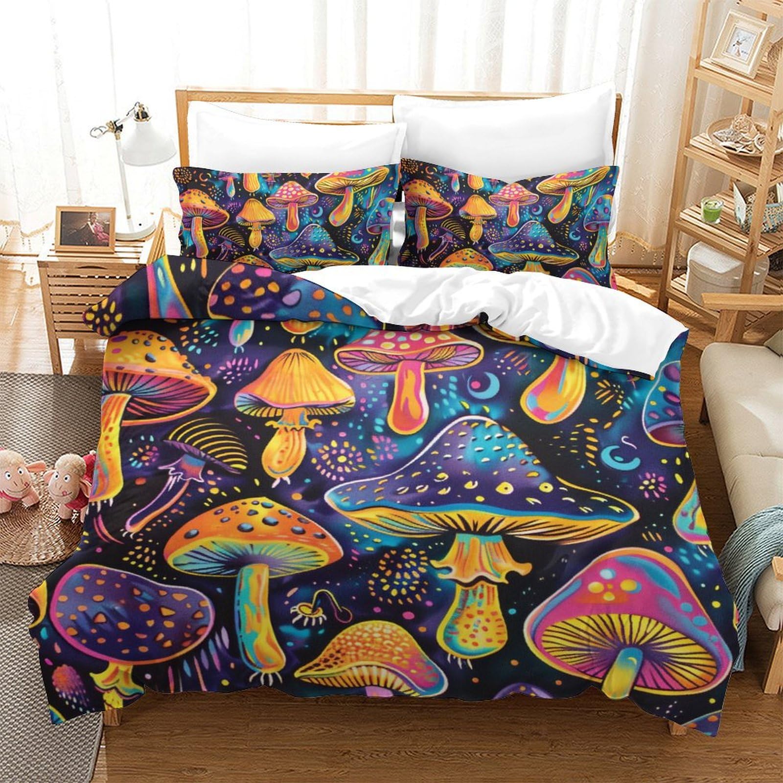 Housse de couette zippée champignons parure de lit 3 pièces douce