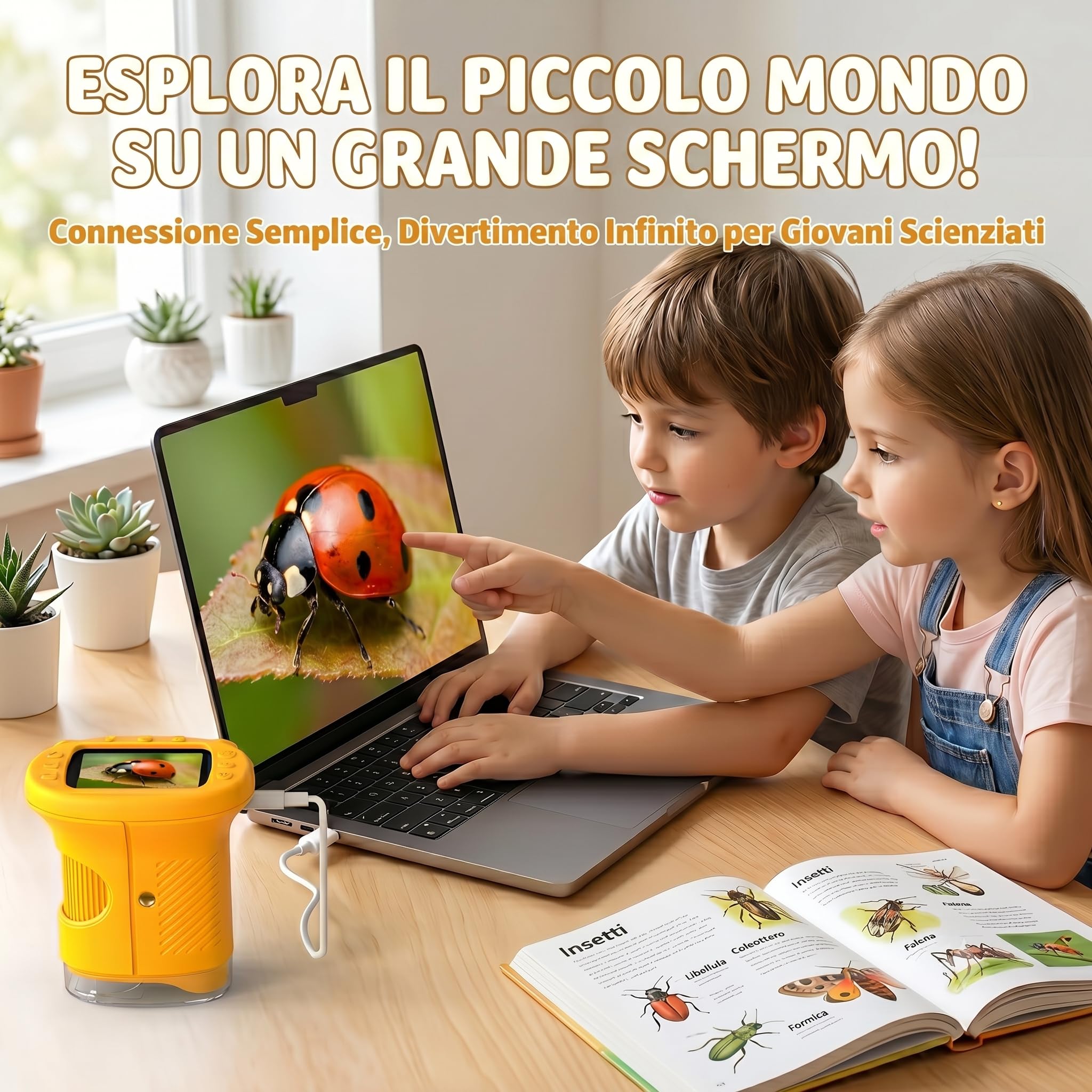 Microscopio Bambini, Microscopio Digitale 1000X 4K con Schermo 2,4″, 8 LED, USB Ricaricabile, Giocattolo Educativo per Scuola, Idea Regalo di Natale e Ritorno a Scuola, per Bambini 3–12 Anni