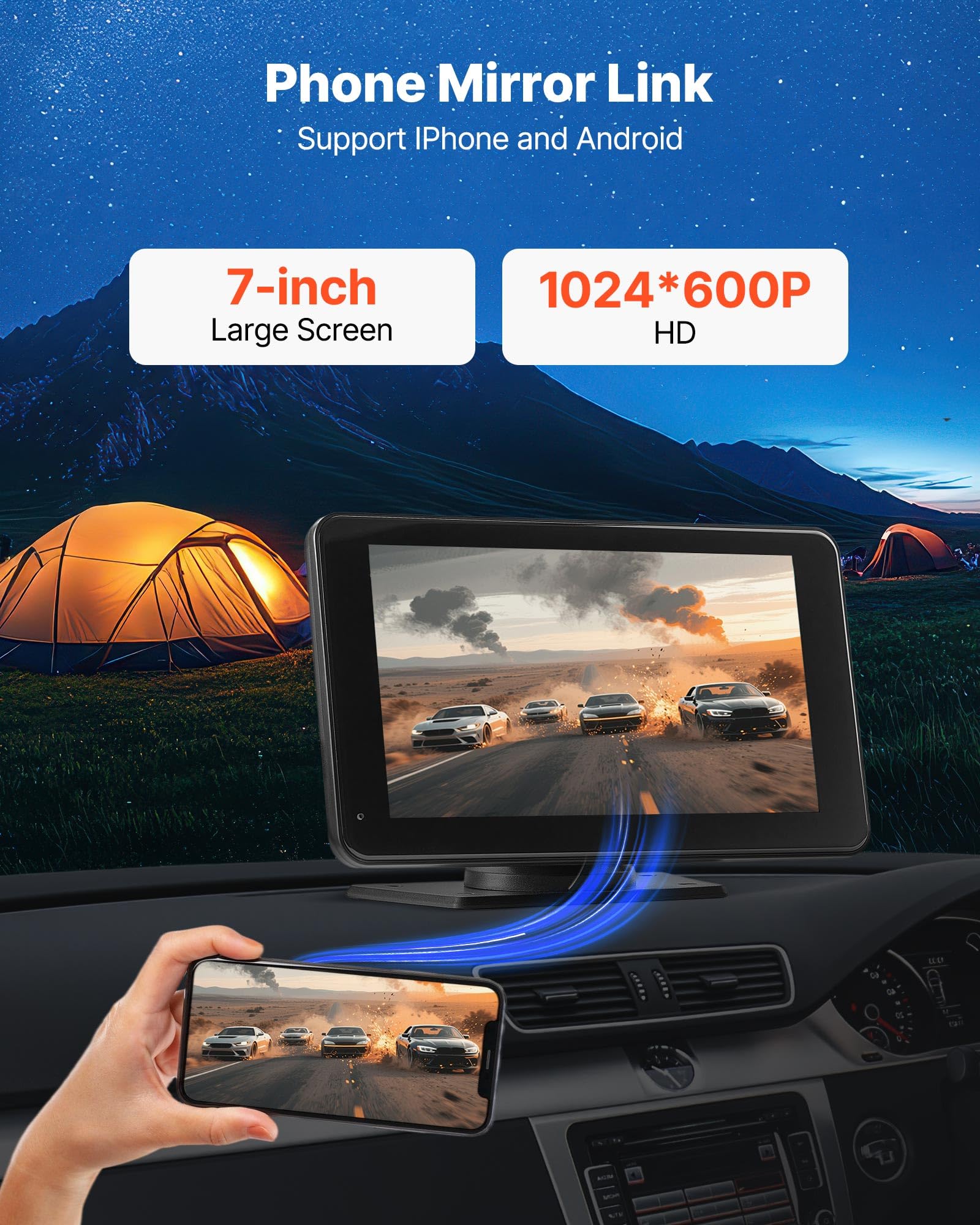 VEVOR Estéreo Inalámbrico para Coche, Radio Portátil HD de 177,8 mm con Pantalla Táctil Compatible con Apple CarPlay y Android Auto, Cámara de Respaldo, Control de Voz, Bluetooth, Navegación GPS