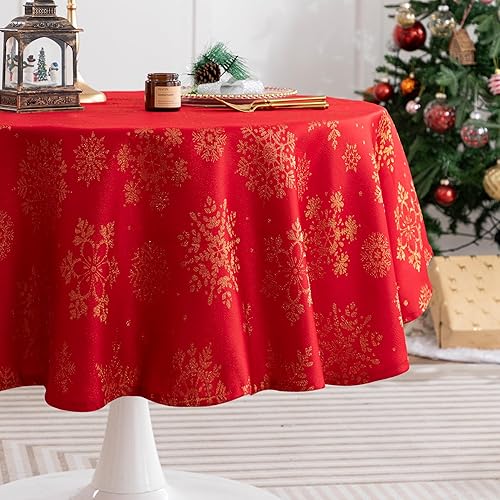 Miniatura 6 de joybest Mantel redondo de Navidad con copos de nieve de 60 pulgadas, resistente a las manchas, a prueba de derrames, mantel de mesa de copos de
