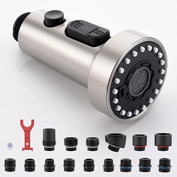 J-HVA Pull Down Kitchen Faucet Sprayer Head Replacement Part, 3 Function Pull Out Sink Sprayer Replacement Nozzle with 15 Adapters, Kitchen Faucet Head Hose Spray Tap Spout, Brushed Nickel | 3 Function with 15 Adapters Pull Out Sink Sprayer Replacement Nozzle, Kitchen Faucet Head Hose Spray Tap Spout