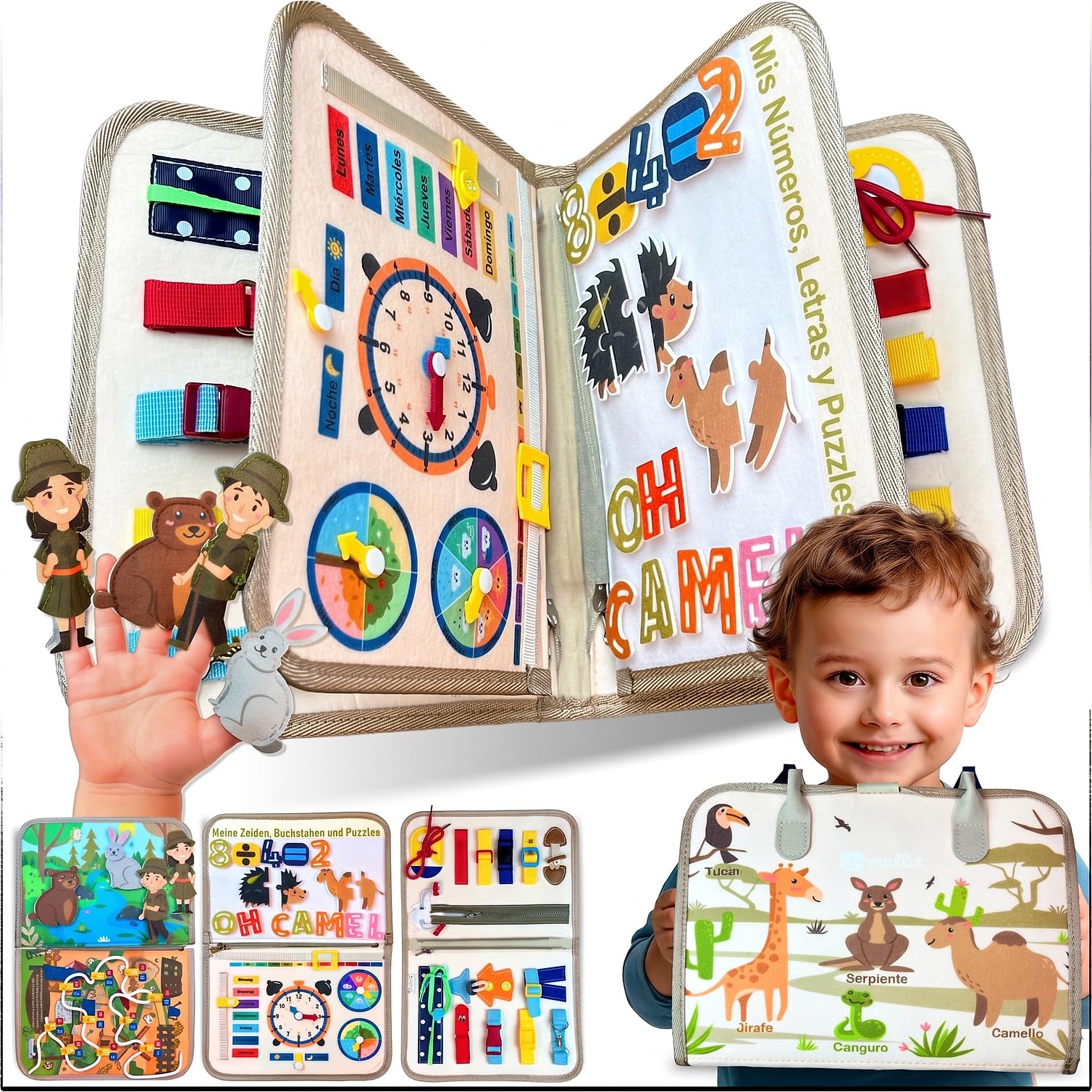 Mallie® Montessori Busy Board in Spanish for 1 2 3 Years with Role Play and Puppets – Busy Board, Montessori Book 1 Year, Busy Book, Sensory Book Baby 1 Year, Montessori Book 2 Years