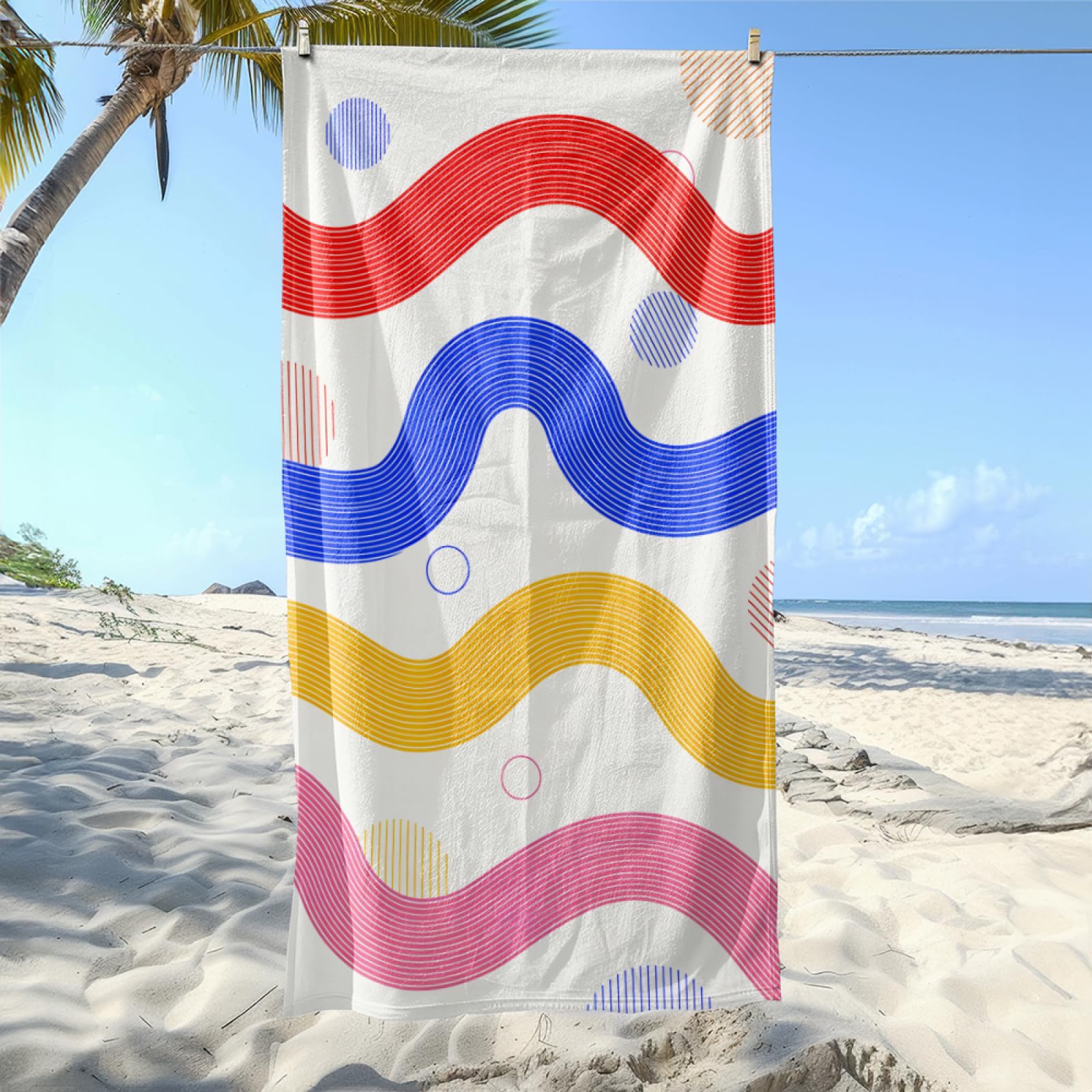 Fouta PlageLignes Bleues Rouges Jaunes Modèle Surdimensionné avec Diverses Tailles, Respirante et Portable, Parfaite pour Voyages Sorties Piscine et Usage Extérieur Quotidien 90x160 cm