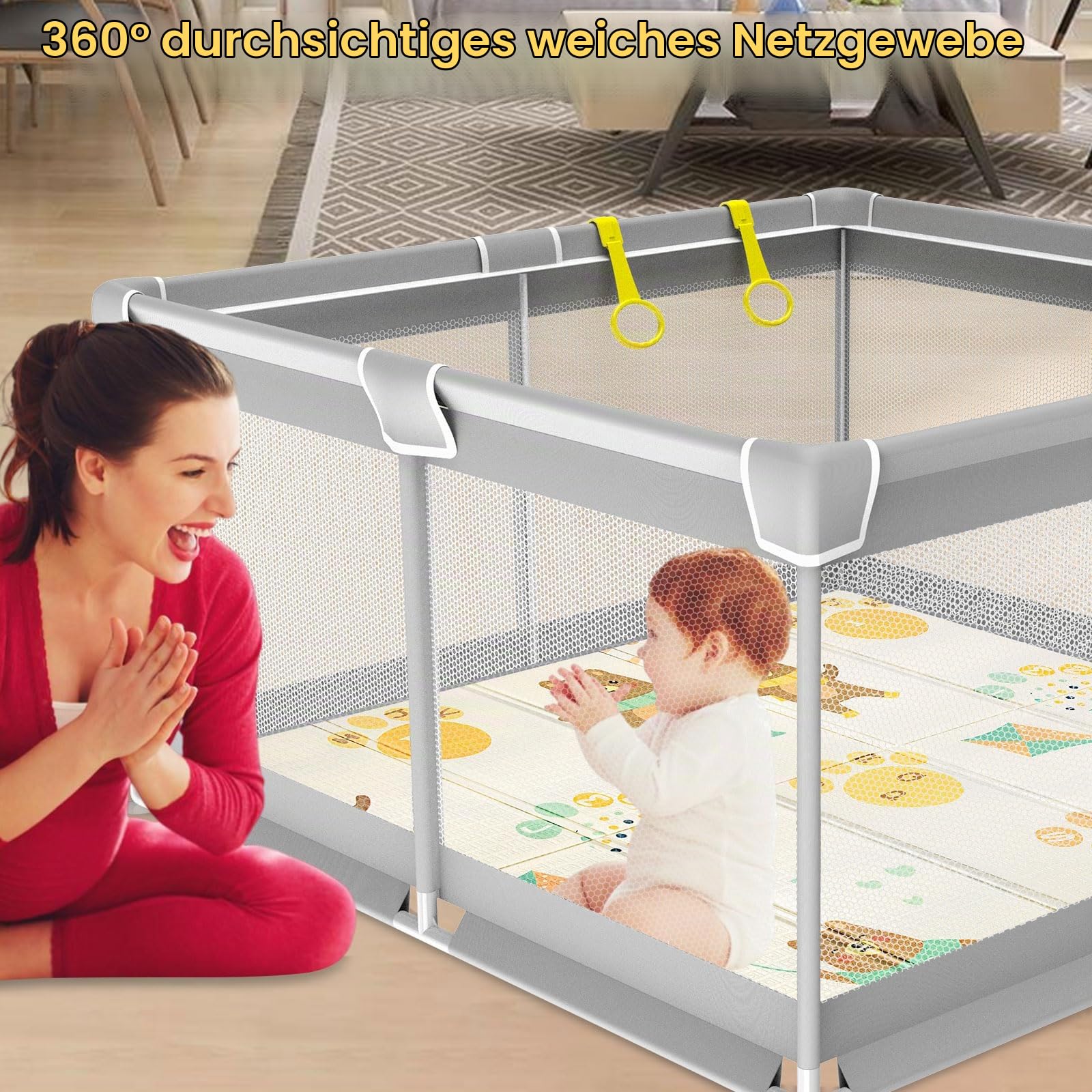 Laufgitter Baby mit Matratze 120x120cm Laufstall,Laufgitter Baby Atmungsaktivem Netz an Vier Seiten,mit 4 Rutschfeste Saugnäpfen Laufstall Faltbar mit Schaum Matte,Reißverschlusstür