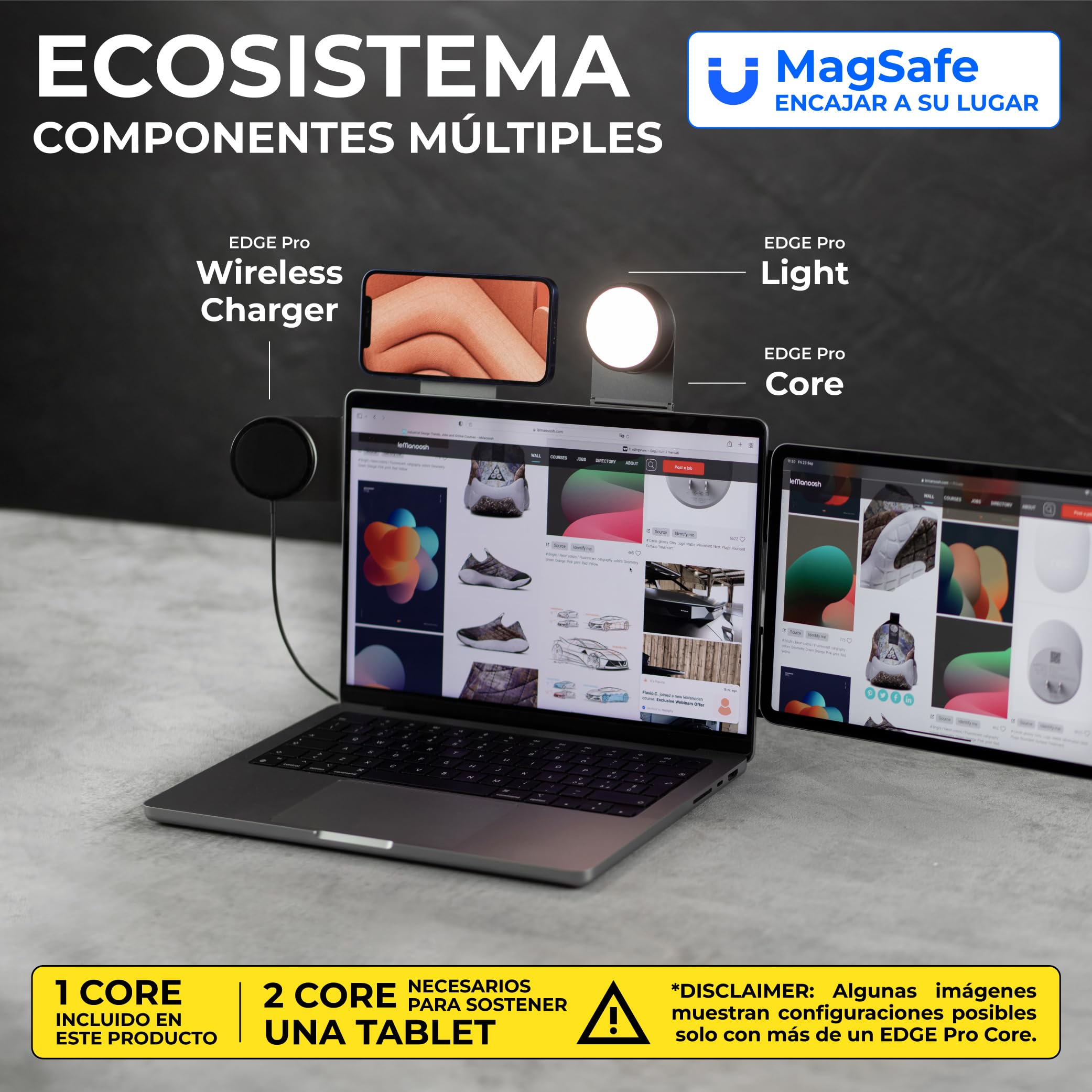 Rolling Square Edge Pro Full Kit - Soporte Movil para Portatil, Kit con Soporte Magnetico para Movil, Cargador Inalambrico Universal y Luz 1000 Lumen, Soporte con Cargador Magnetico Teletrabajo, Negro