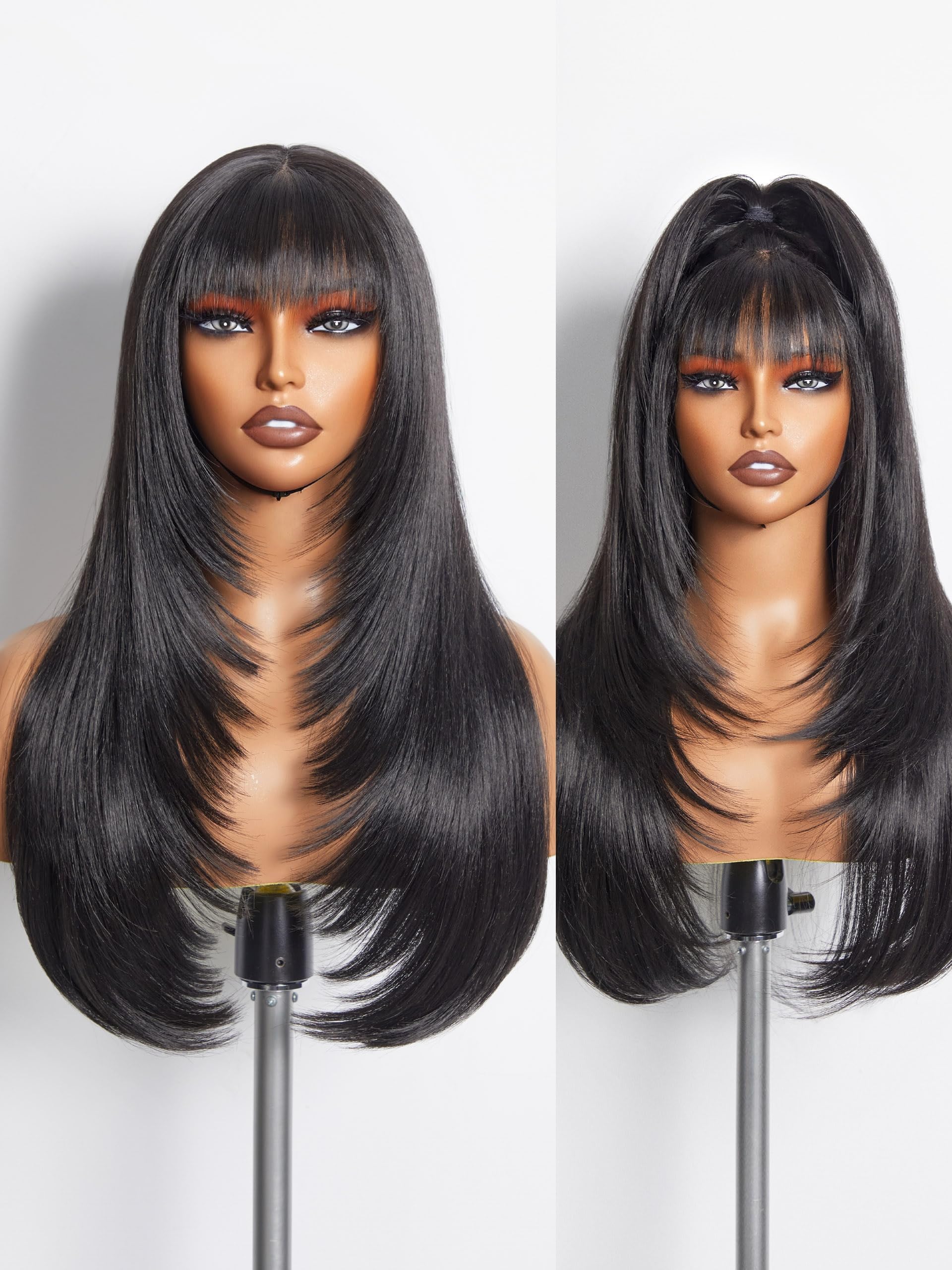 Natural Black Straight Layered Wigs with Bangs