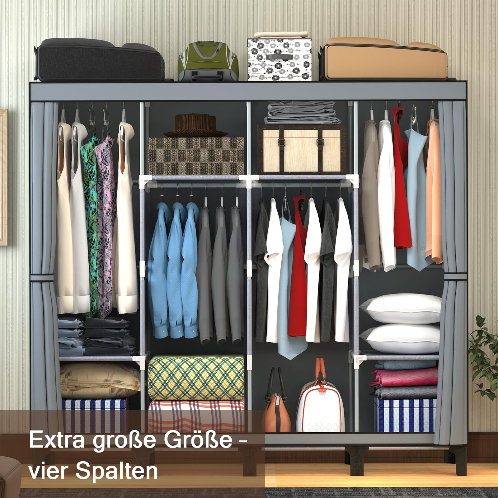 Armadio Tessuto Con Asta 170x45x175 Cm - Nero Con 4 Appendiabiti E 6 Ripiani - Foto 6