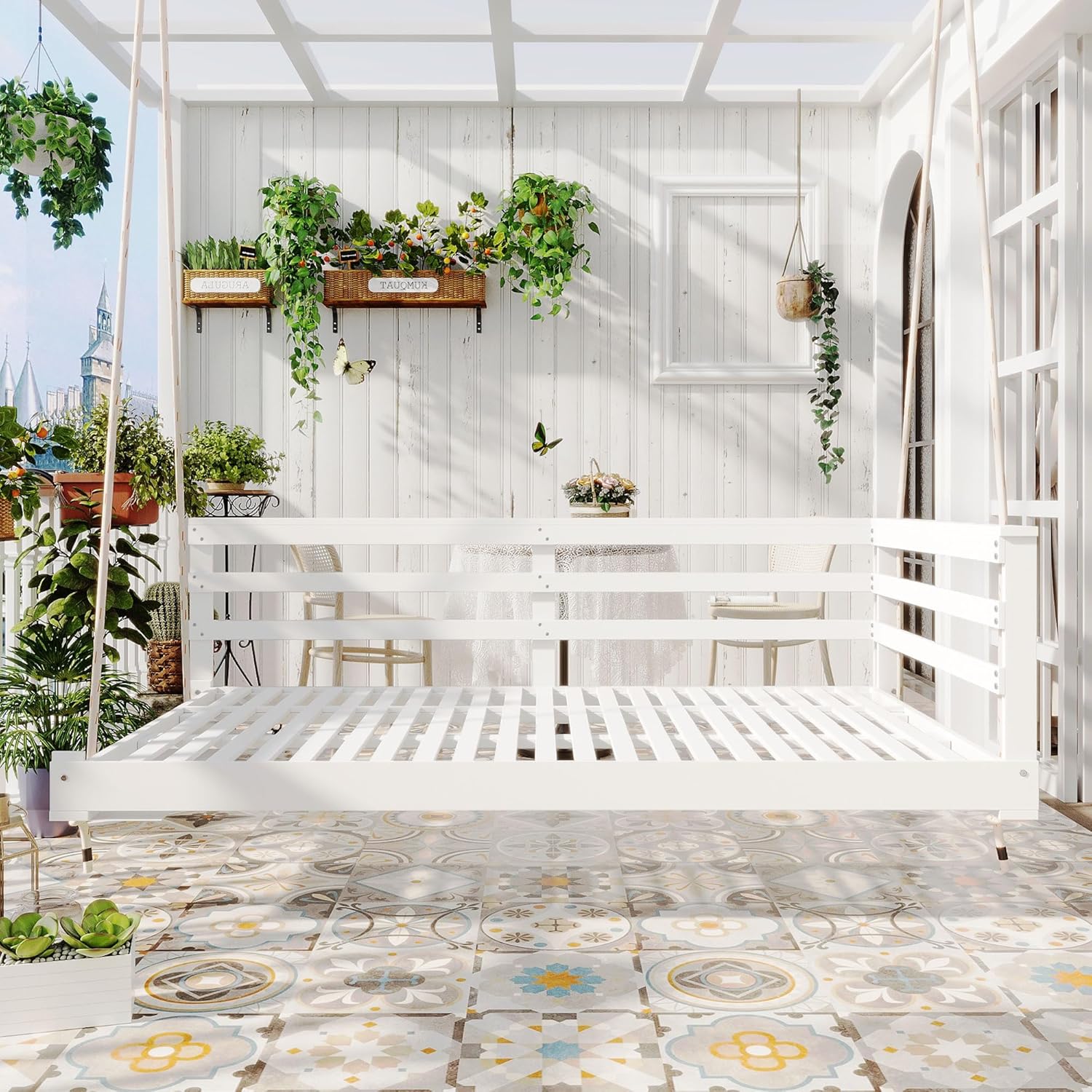 Country Patio Wooden Twin Size Swing Daybed with 4pcs 96 Inches Hemp Ropes – White Porch Swing Frame for Backyard, Outdoor Relaxation