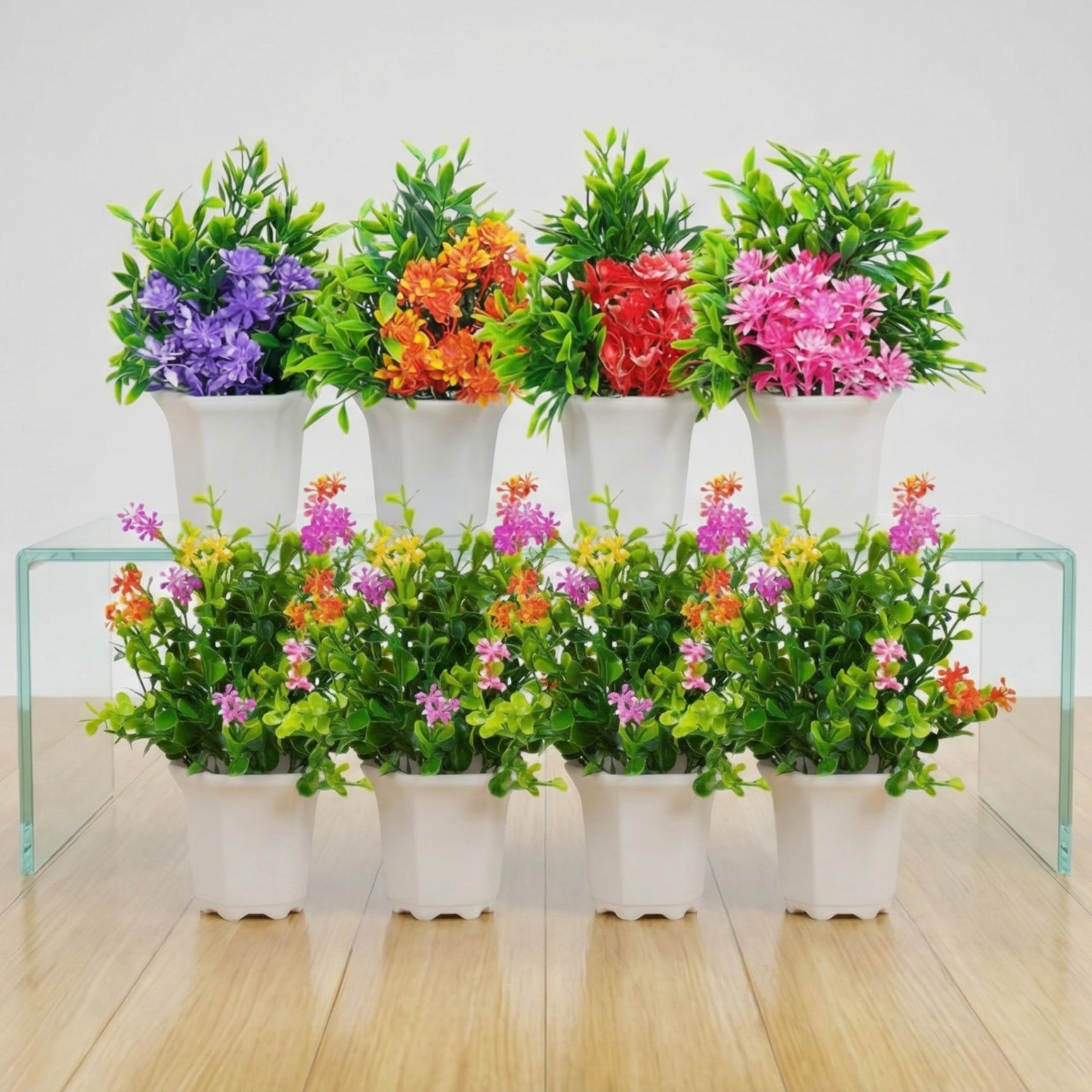 Dekorly Plastic Wild Artificial Flower Plants With Cute Hexa Pot|Faux Flower Plant For Home Office Decor|Tabletop And Desk Decoration|Artificial Flower For Balcony Indoor Decor|Pack Of 8 (Multi-C)