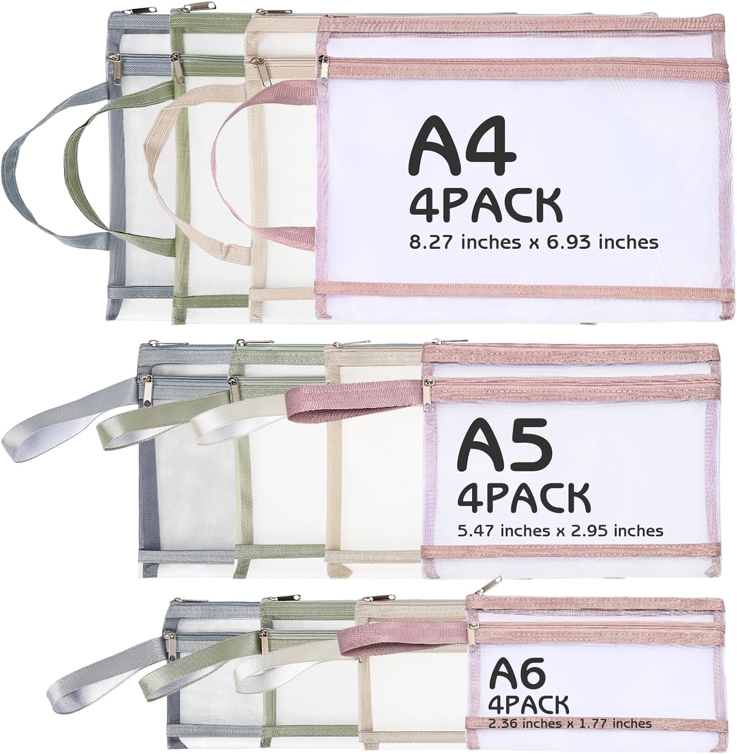 12Pcs Mesh Zipper Pouch Bags with Handles, Nylon Document Bag Double-Layer See Through, File Storage Pouches for Office School Supplies (A4 & A5 & A6)
