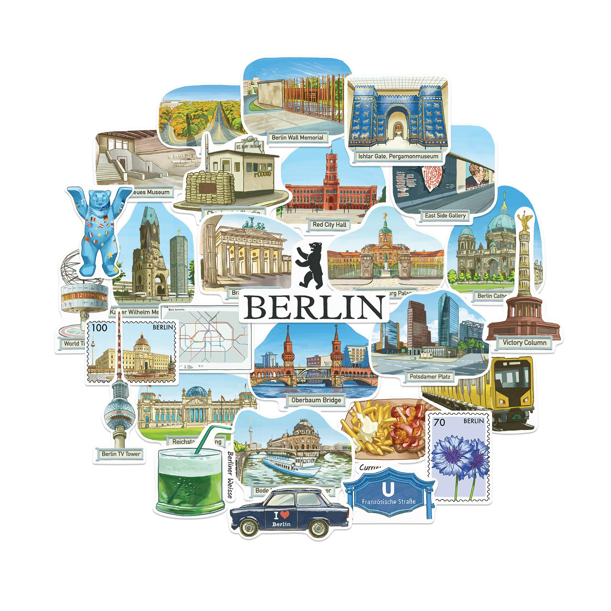 Navy Peony Blue Iconic Berlin Travel Stickers (28Pcs)-Gouache Style, Germany, German City-Themed Vacation Stickers For Scrapbooks, Journals, Laptop