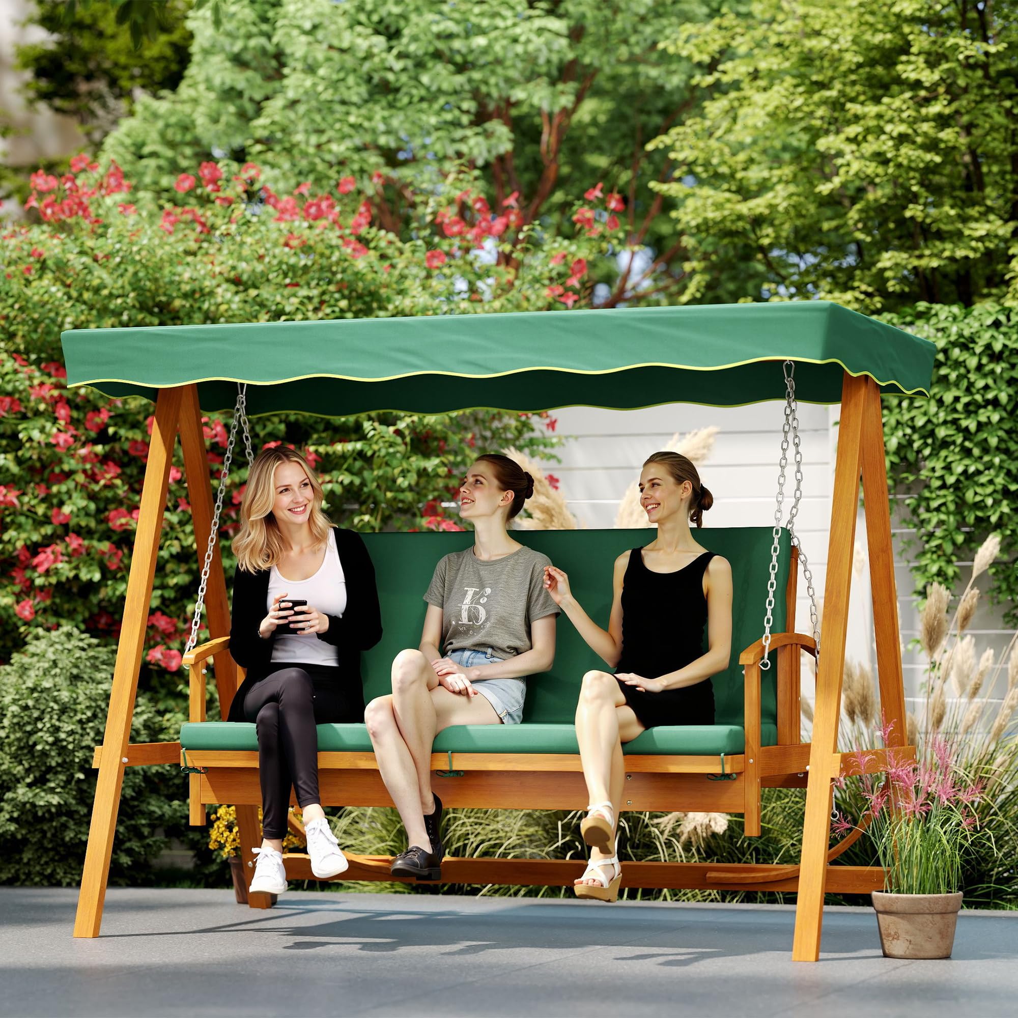 Outsunny Columpio de jardín 2 en 1 con función reclinable, columpio de madera de 3 plazas, columpio de madera con cubierta solar, banco balancín hasta 330 kg, para jardín, terraza, 236 x 130 x 181 cm