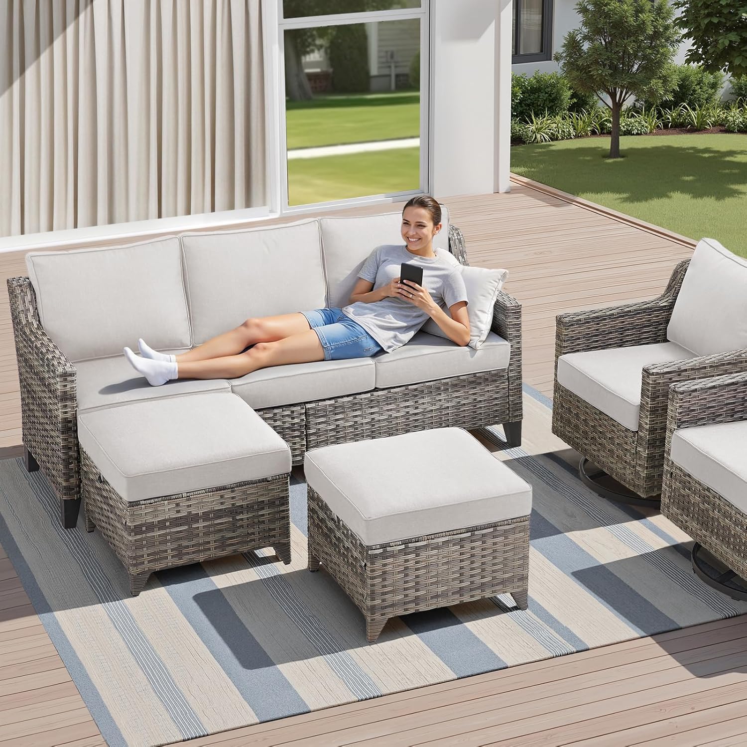 6 Piece Outdoor Patio Furniture Set – Sofa & Swivel Rocker Chairs, All-Weather Wicker Conversation Set with Cushions for Porch, Deck & Balcony – Grey/Beige