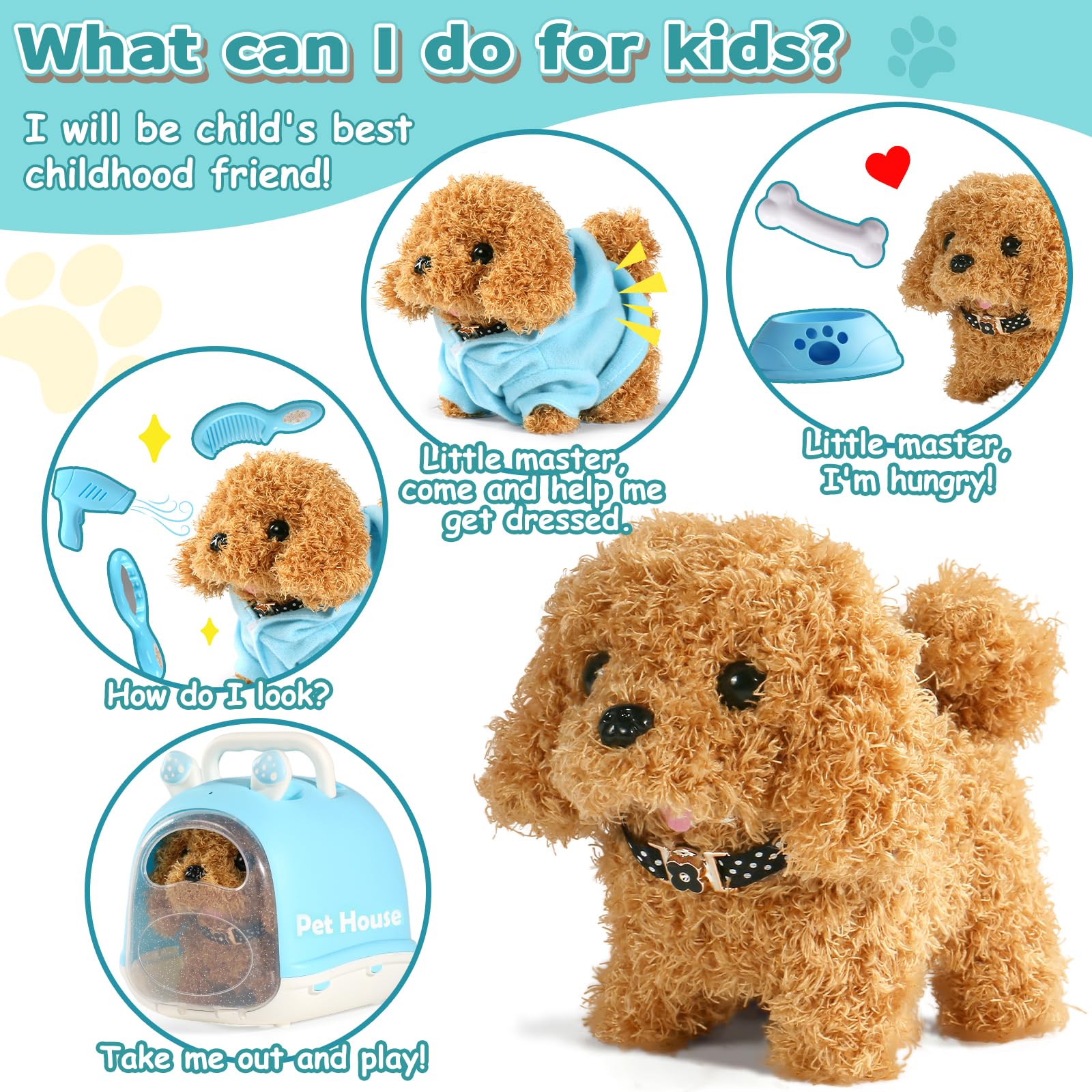 TONZE Cagnolino che Abbaia e Cammina Giochi Bambini 2 3 4 Anni Cane Giocattolo che Cammina e Abbaia Regalo Bambina 2 3 4 Anni Peluche Cane Realistico Animali Giocattolo per Bambini