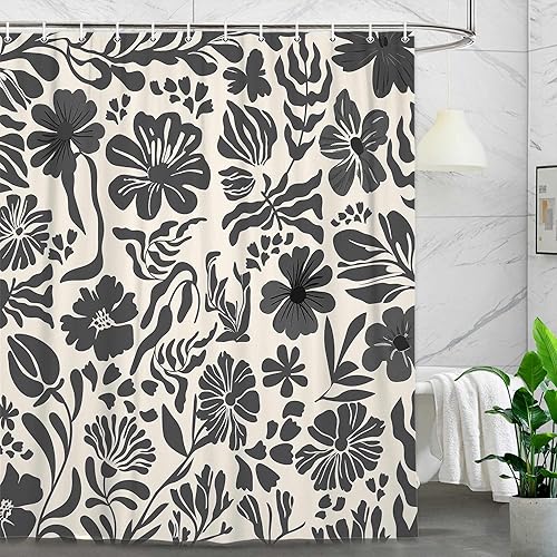 Miniatura 15 de Cortina de ducha botánica floral bohemia, bonita cortina de baño abstracta de mediados de siglo, flores modernas de mediados de siglo, primavera y