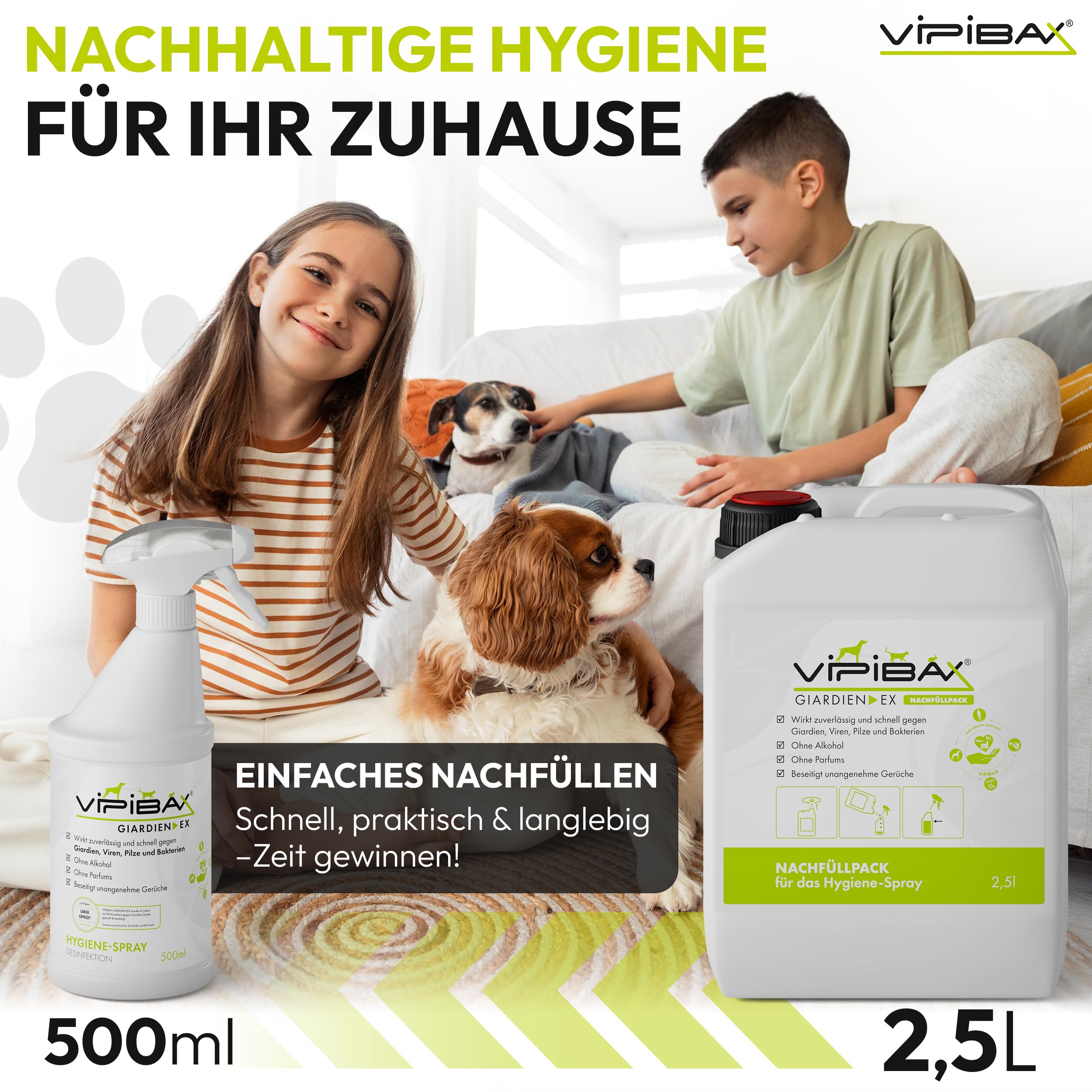 ViPiBaX Giardien EX Hygiene-Spray für Hund, Katze & Co - Geruchsentferner - Hygiene-Spray - Effektive Desinfektion gegen Giardien, Viren, Pilze & Bakterien - 500ml
