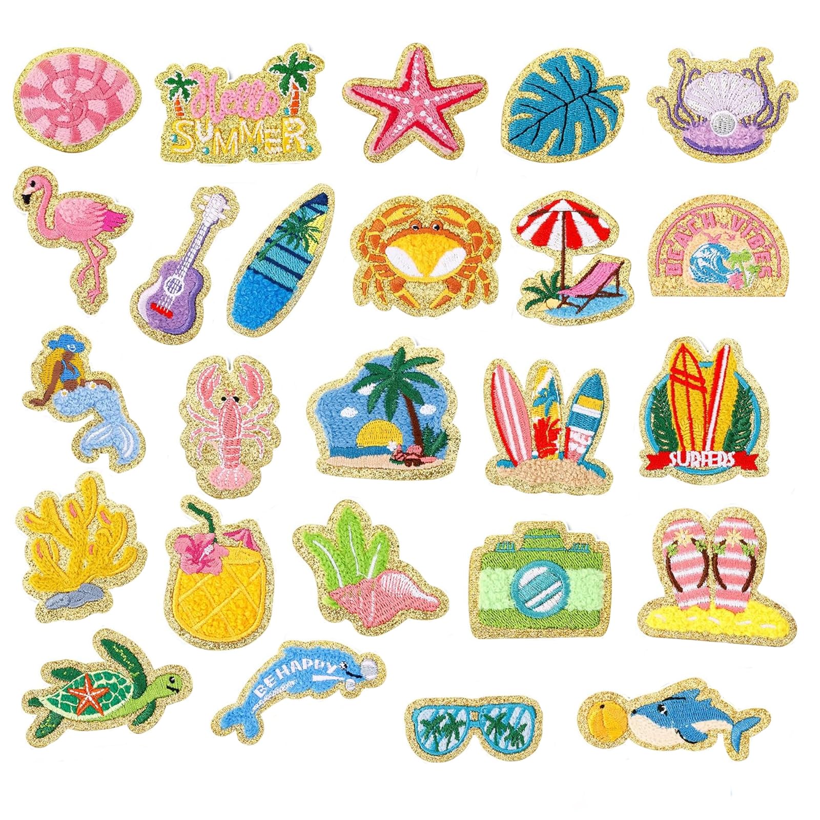 Exylosluxek 25 Pack Beach Iron on Patches, Sew on Patches, Embroidered Iron on Patches for Clothes, Assorted Summer Themed Decorative Fabric Patches