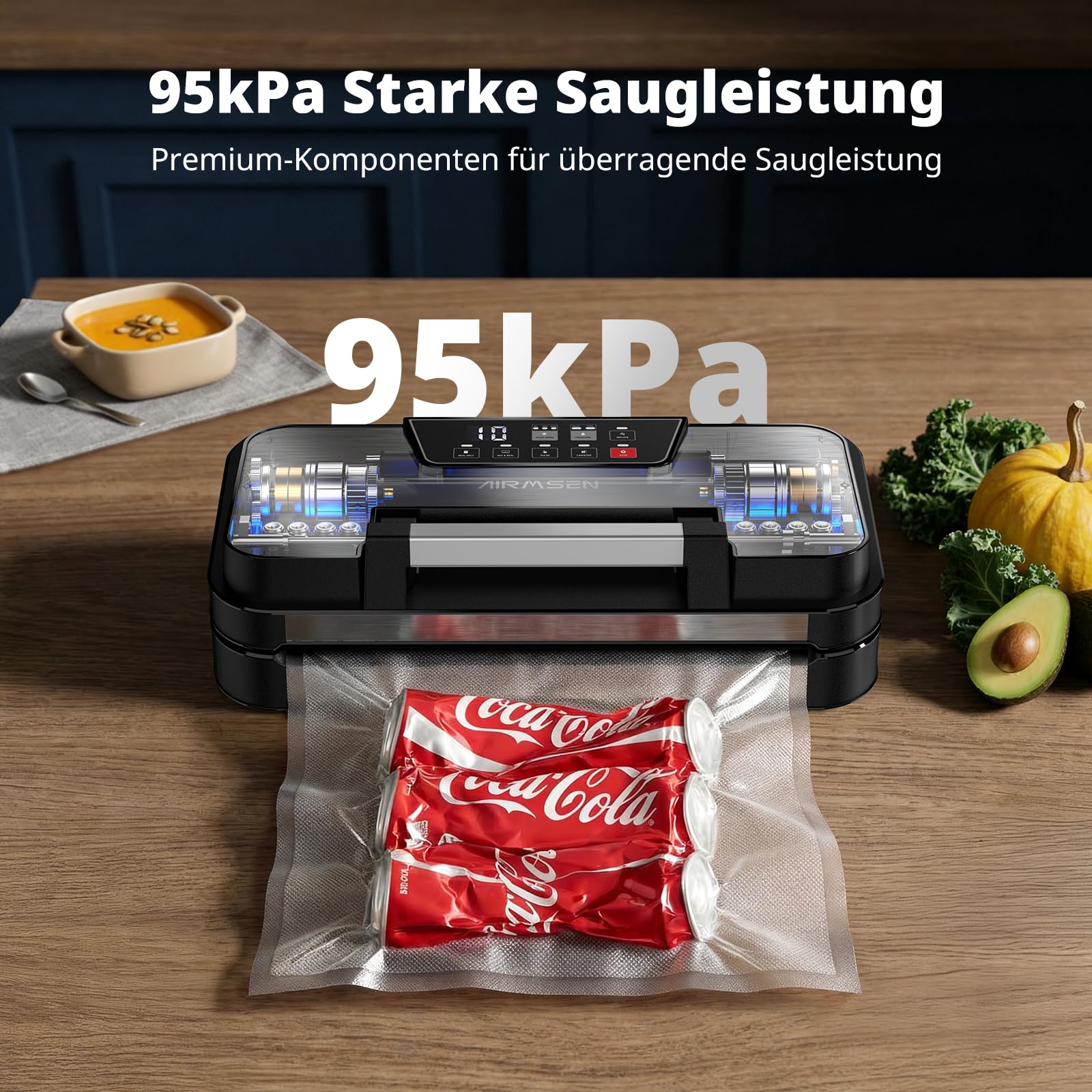 AIRMSEN Vakuumiergerät 95 kPa 120W mit Aufblasfunktion, Doppelschweißnaht, inkl. Rollenfach, Cutter & Schlauch