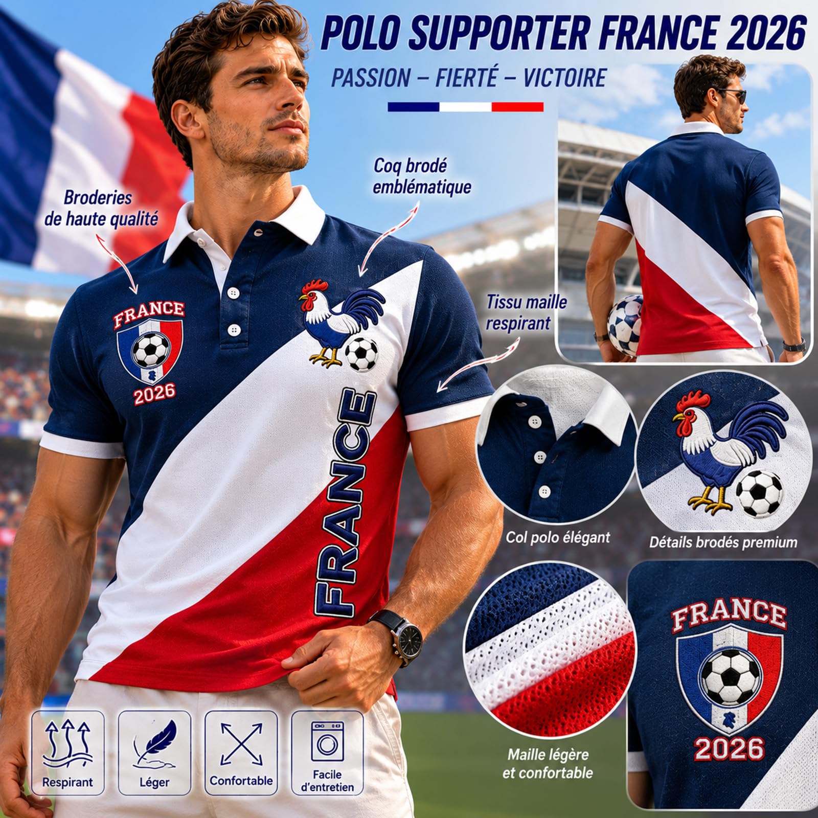 Coupe du Monde 2026 Maillot de Supporter de Football Équipe de France Haut Classique