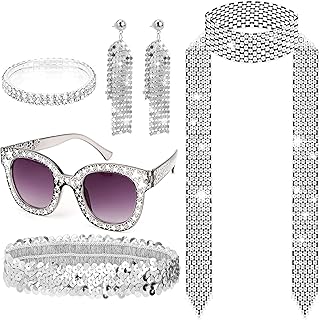 WTTUOAM 5 Pcs 70s Disco Accessories 1970s Disco Costume, Disco Glasses Bling Sunglasses Long Scarf Necklace 70s Earrings Headband Bracelet 70s 80s Fancy Dress for Women Disco Party Retro