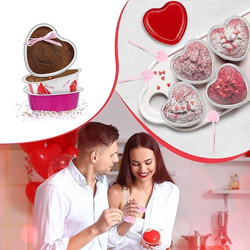 Miniatura 7 de 120 piezas de 3.4 onzas de 3.4 onzas en forma de corazón de San Valentín con tapas y cucharas, mini moldes de papel de aluminio para pasteles,