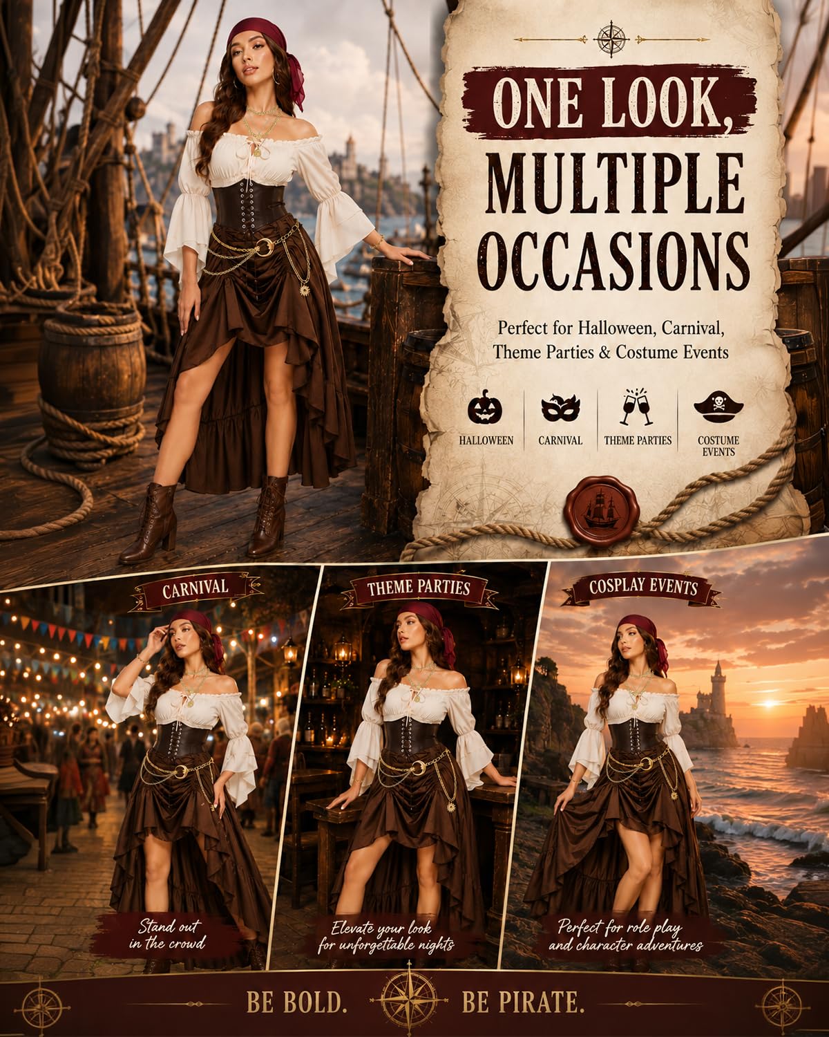 Disfraz Pirata Mujer, Disfraz Medieval con Camisa, Cinturón y Accesorios
