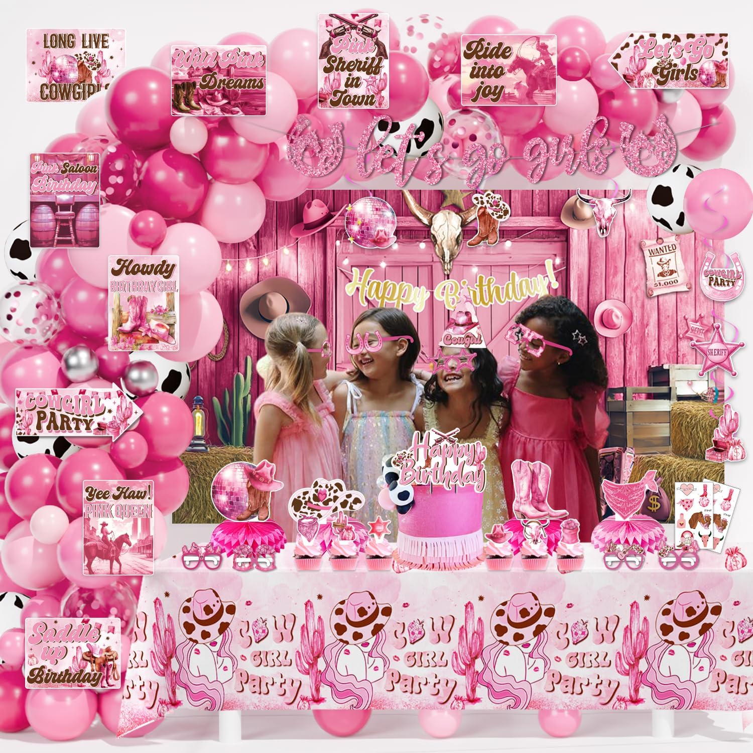 Cowgirl Party Decorations, 144 Pcs Pink Cowgirls Cow Girl Bday Party Decor Supplies for Girls - Backdrop, Banner, Tablecloths, Centerpieces, Paper Glasses, Hat, Stickers, Wall Signs - Image 7