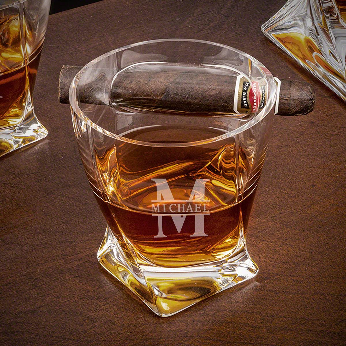 HomeWetBar Personalized Twist Cigar Glass Whiskey Glass with Cigar Holder
