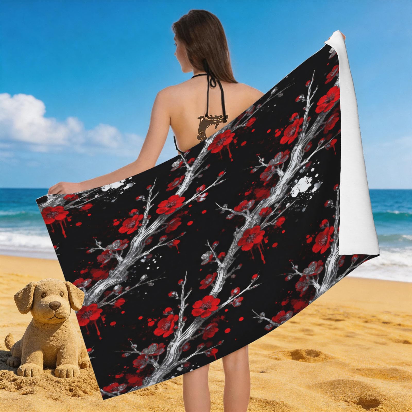 Leichong 3D Pattern Plum Beach Towel Microfiber Soft Quick Dry for Adults, Zen Bath Towel Lightweight Soft Absorbent for Travel Swimming Pool Sports, 75 x 150 cm