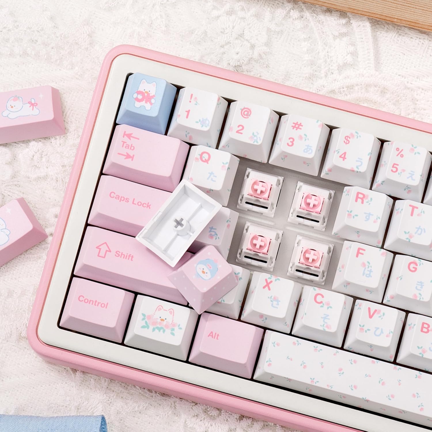 PBT Japanese Keycaps, Pink White Keycap, Floral Prints Custom Keycap Set 145 Full Keys, Cute Keycaps, Cherry Profile Keyboard Key Cap for Cherry Gateron MX Switches Mechanical Keyboard