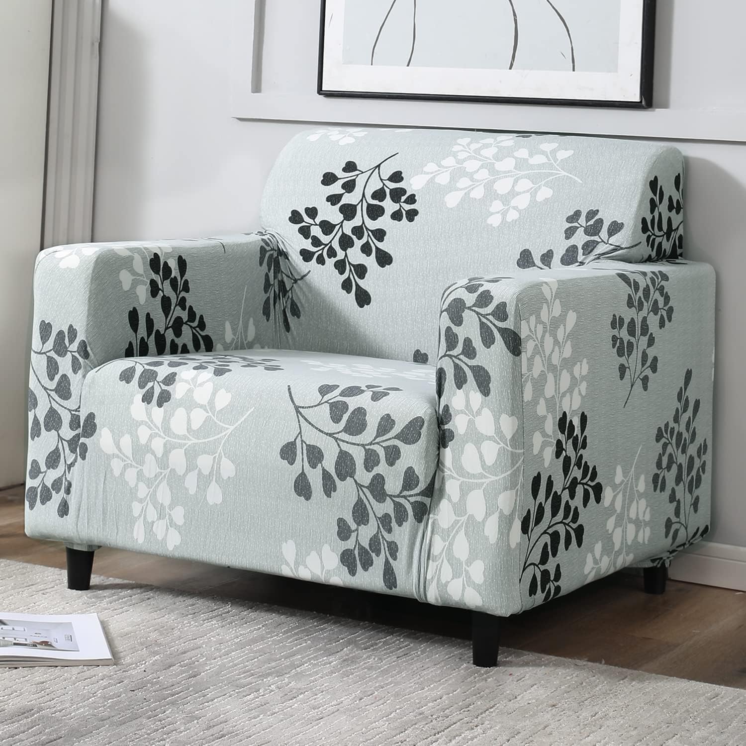 HOKIPO Sofa Cover 1 Seater Fully Covered, Grey Leaves
