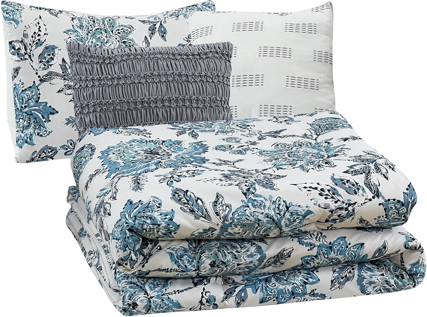 Modern Threads 5-Piece Printed Comforter Set, Athenas Queen in White and Teal – Soft Comforter, 2 Pillow Shams, and 2 Decorative Pillows