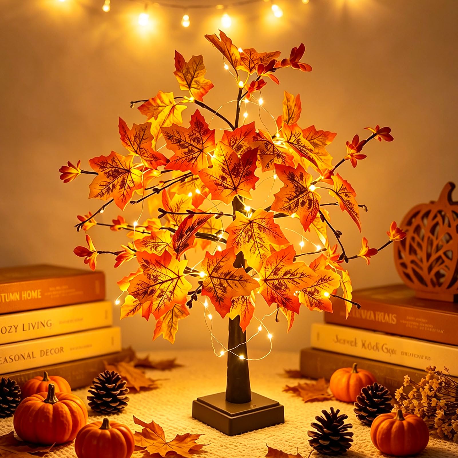 Herbstdeko Lichterbaum Für Innen mit Lichterketten und 24 LEDs, Ahornblatt Baum Lichter Herbst Deko Beleuchtung mit Timer und Für Tisch Herbstdeko Halloween Deko