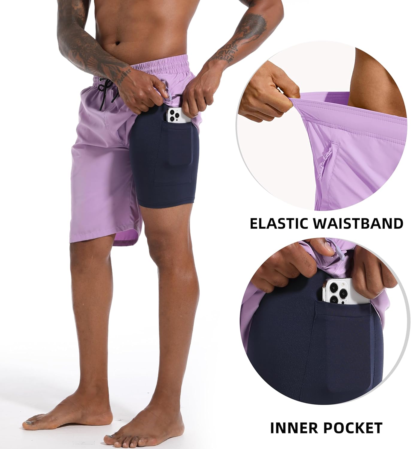 FT FENTENG Mens Swim Trunks with Compression Liner 9" Board Shorts 2 in 1 Quick Dry Bathing Suits with Zipper Pockets
