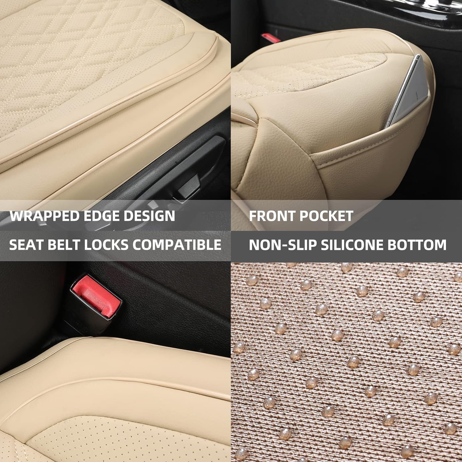 EifBrisa Car Seat Cover Front PU Leather Seat Covers, 2Pcs Universal Bottom Seat Covers for Cars, Anti-Slip, Storage Bags,Full Wrapping Edge Fits 95% of Vehicles(1 Pair, Beige)