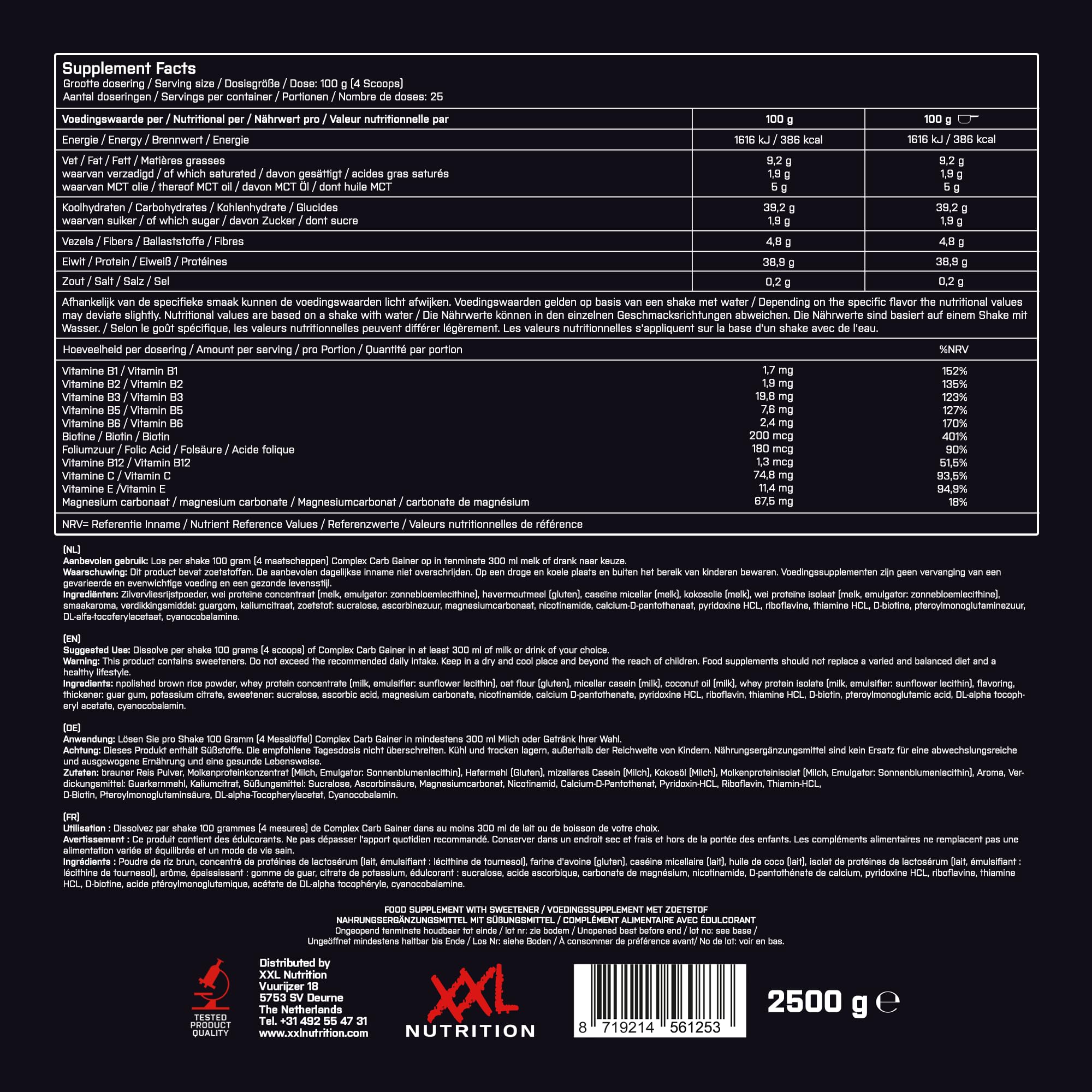 XXL Nutrition - Complex Carb Gainer - Mass Gainer - Weight Gainer - Komplexe Kohlenhydrate - Eiweiß - 2500 Gramm - Banane