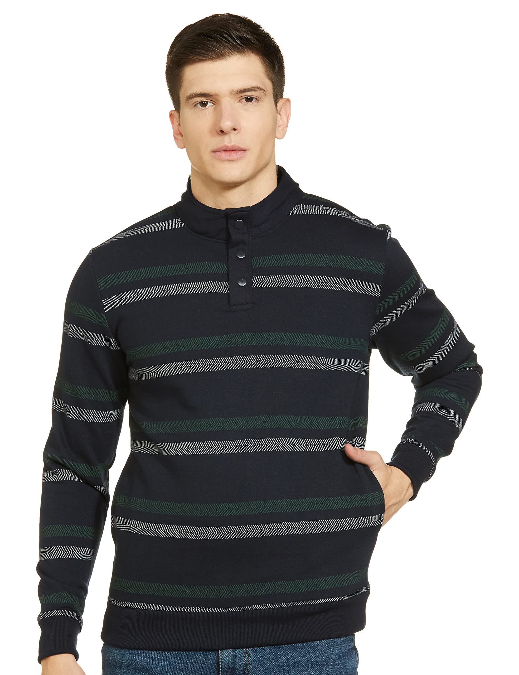 the indian garage co Men Regular Fit Striped High Neck Front Open High Neck Sweatshirt-picture-30